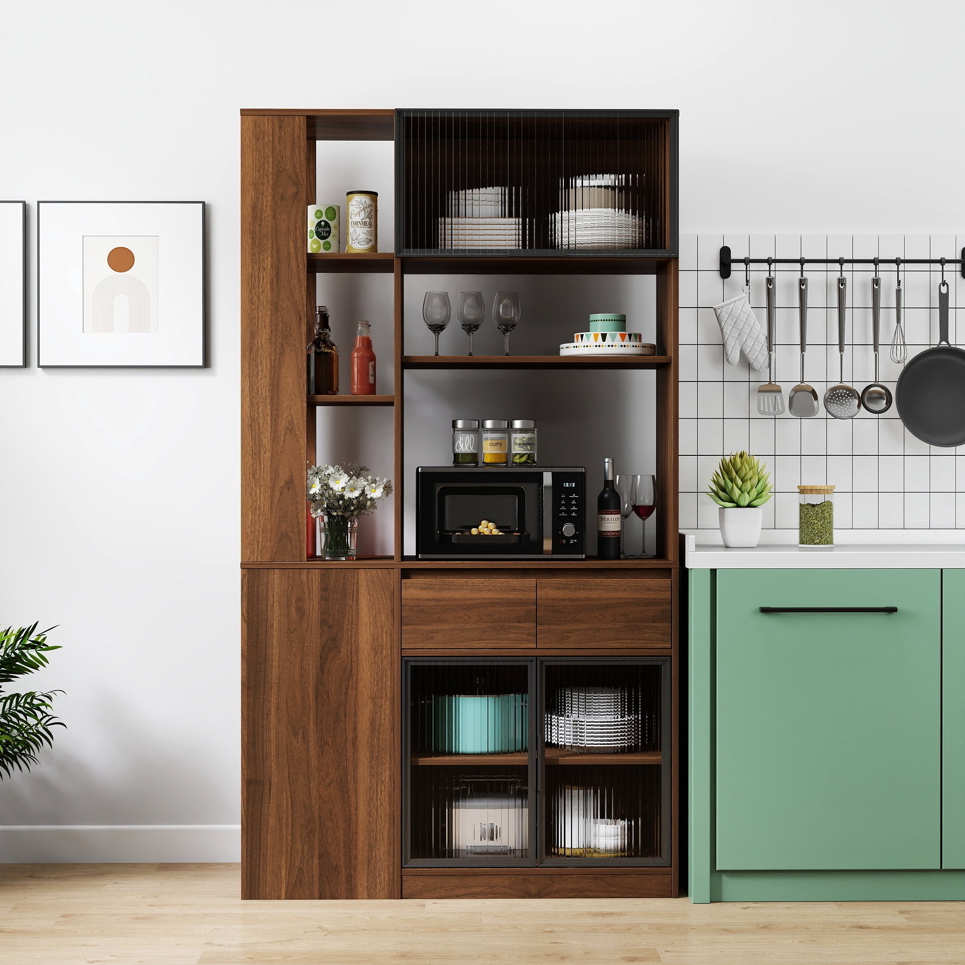Mintazer 70.8" Tall Kitchen Pantry Storage Cabinet, Freestanding Food Pantry with Drawers & Fluted Glass Doors for Hallway Living Room, Walnut