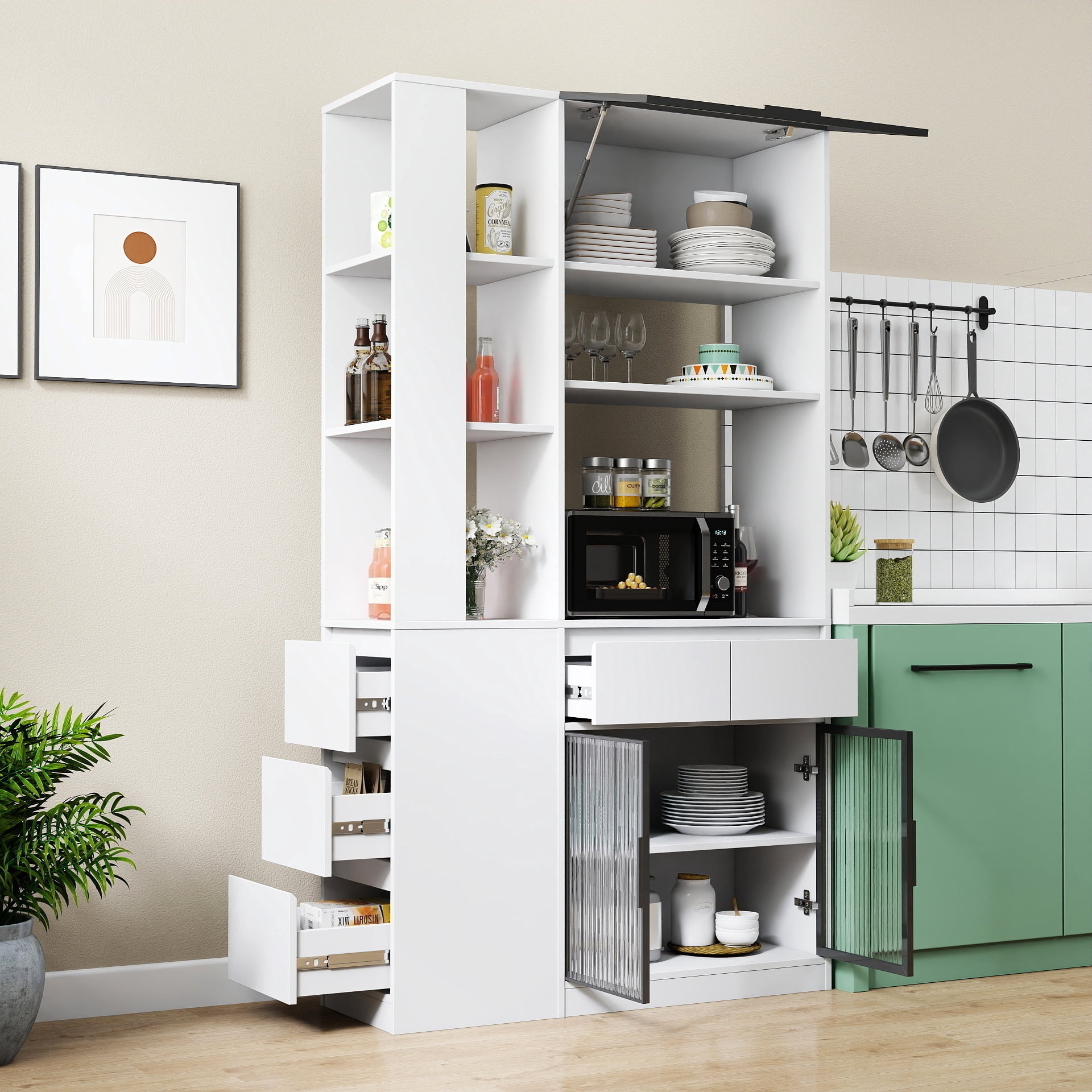 Mintazer 70.8" Tall Kitchen Pantry Storage Cabinet, Freestanding Food Pantry with Drawers & Fluted Glass Doors for Hallway Living Room, White