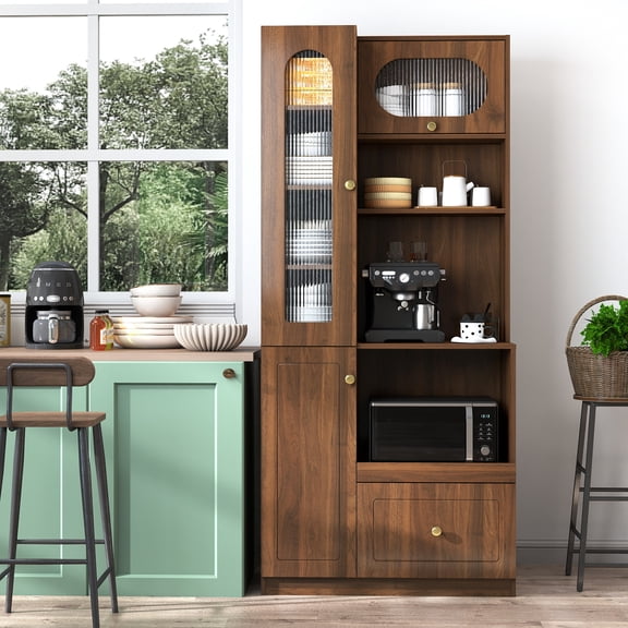 Mintazer 70.87" Farmhouse Pantry Cabinet with Pull-out Microwave Shelf, Kitchen Hutch Cupboard with 3 Doors,8 Shelves & 1 Drawer for Kitchen, Dining Room, Walnut