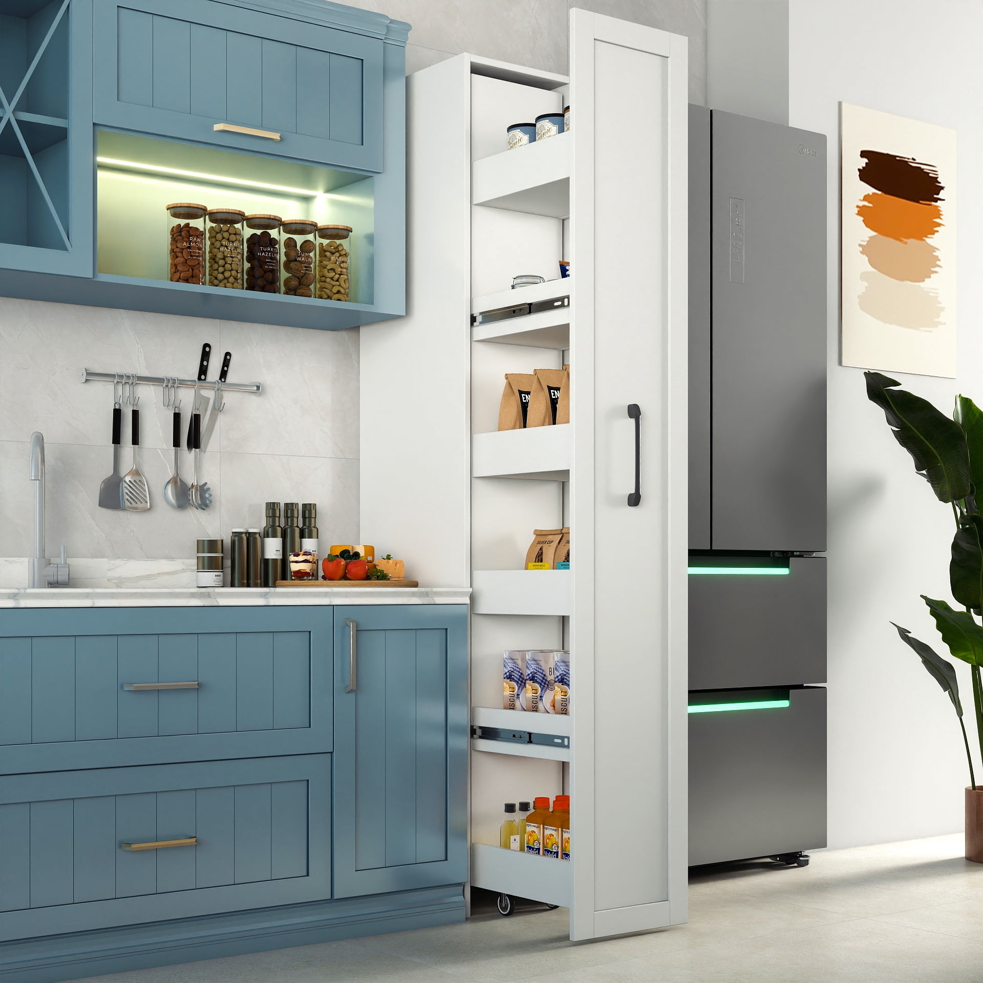 Mintazer 70.87" Tell Rolling Pantry Cart, 6-Tier Pull-Out Pantry Cabinet with Storage Shelf for Kitchen Living Room, White
