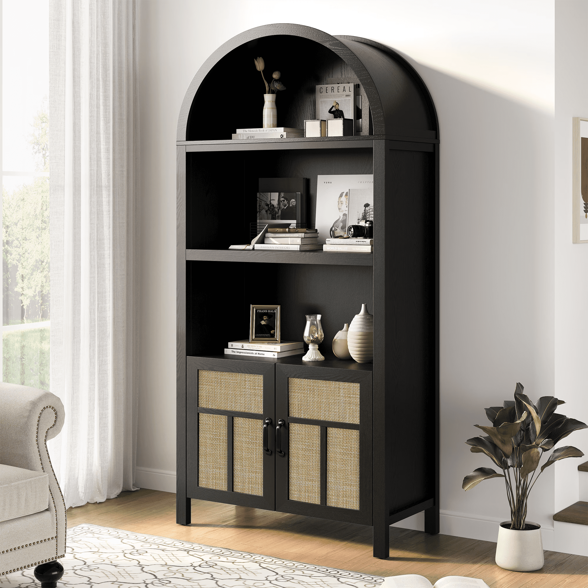 Mintazer 70" Arched Storage Cabinet with Doors, Rattan Tall Pantry Cabinet with Adjustable Shelves for Kitchen, Hallway, Dining Room, Living Room, Office, Black
