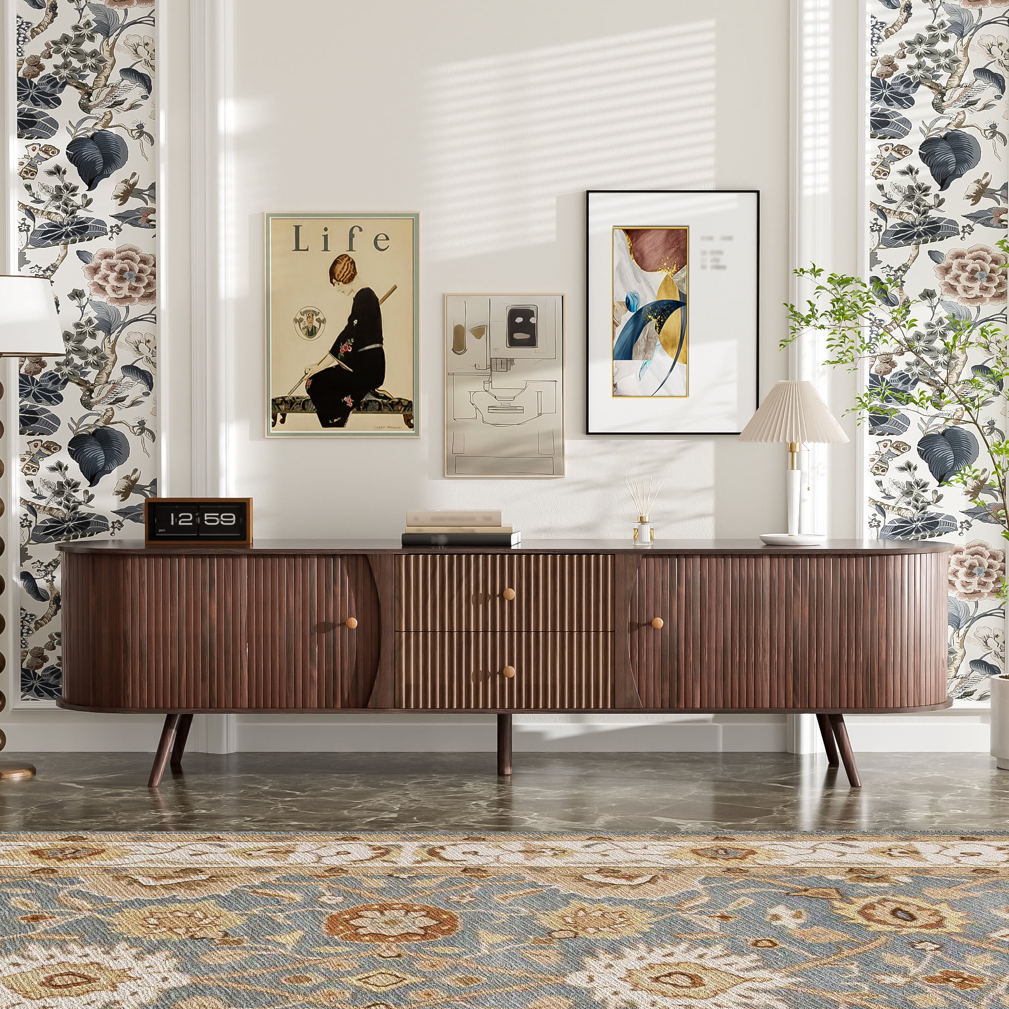 Mintazer 70" Mid Century Modern TV Stand for 80" TVs, Entertainment Center with 2 Fluted Drawers & 2 Cabinets, TV Consoles with Tambour Doors for Living Room, Dark Brown