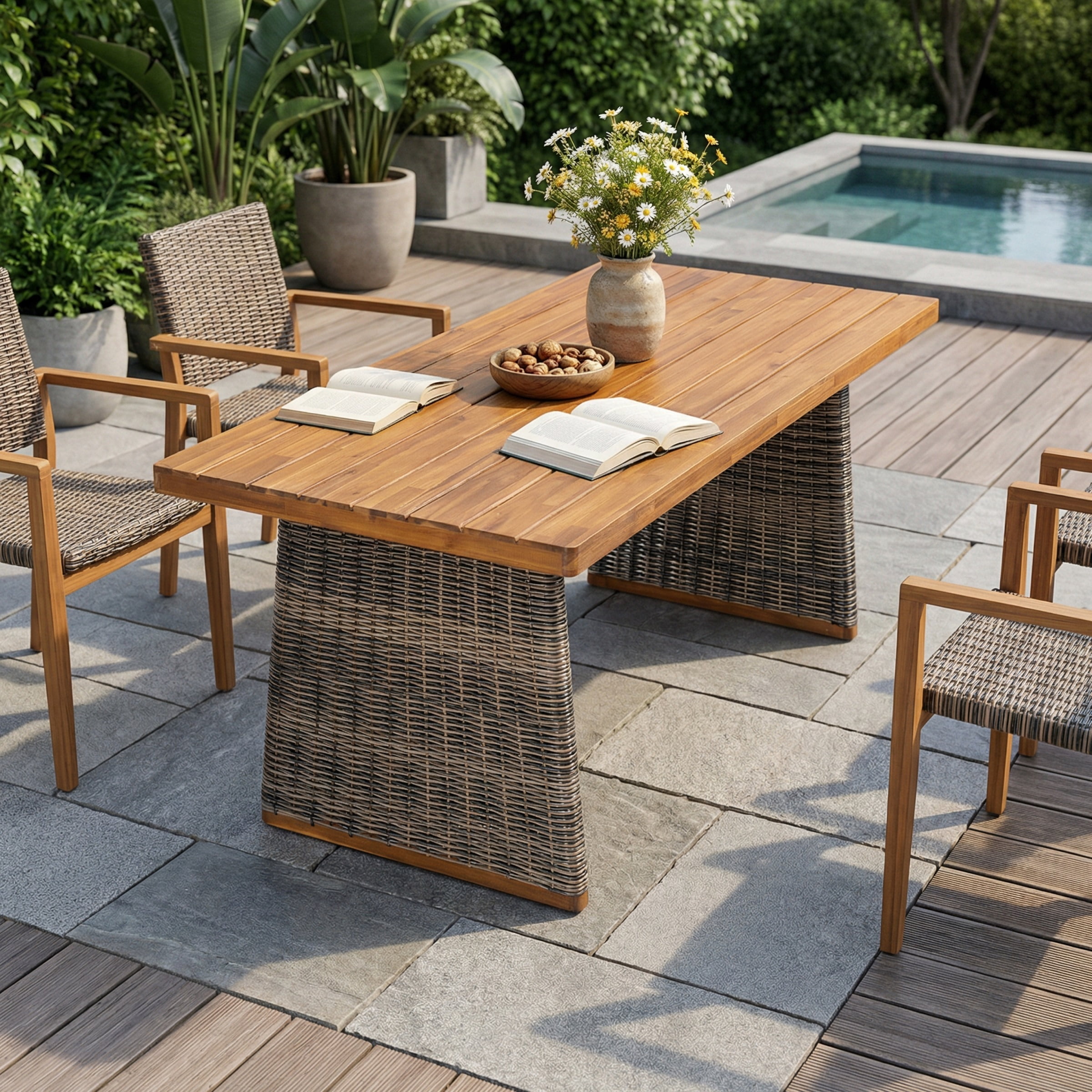Mintazer 70" Rectangular Outdoor Dining Table, Modern Patio Table with PE Rattan Base for Patio Living Room, Natural & Grey