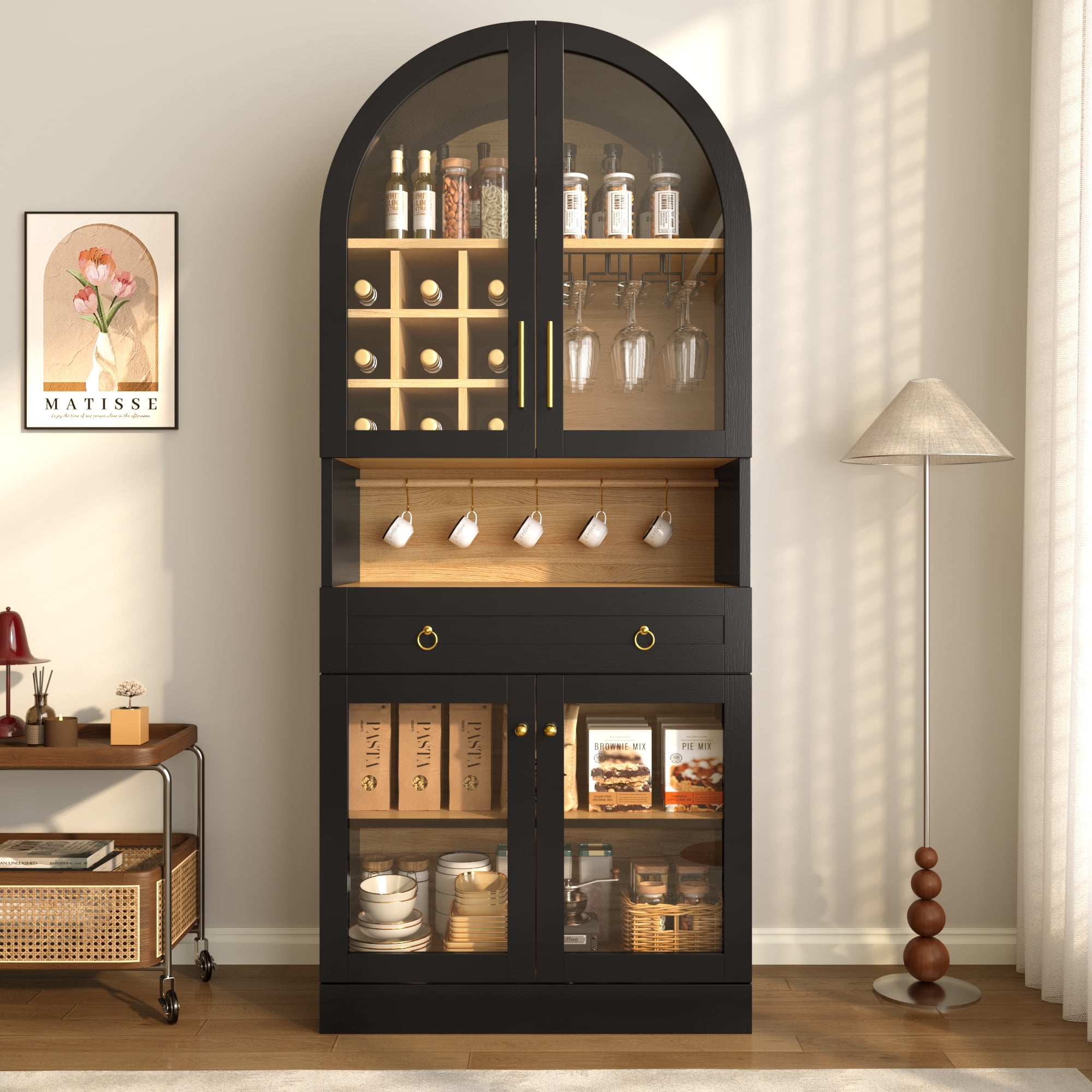 Mintazer 70" Tall Arched Bar Cabinet with Tempered Glass Doors, Freestanding Storage Buffet Sideboard with Removable Wine Rack & Cup Hooks for Dining Room Kitchen Living Room, Black