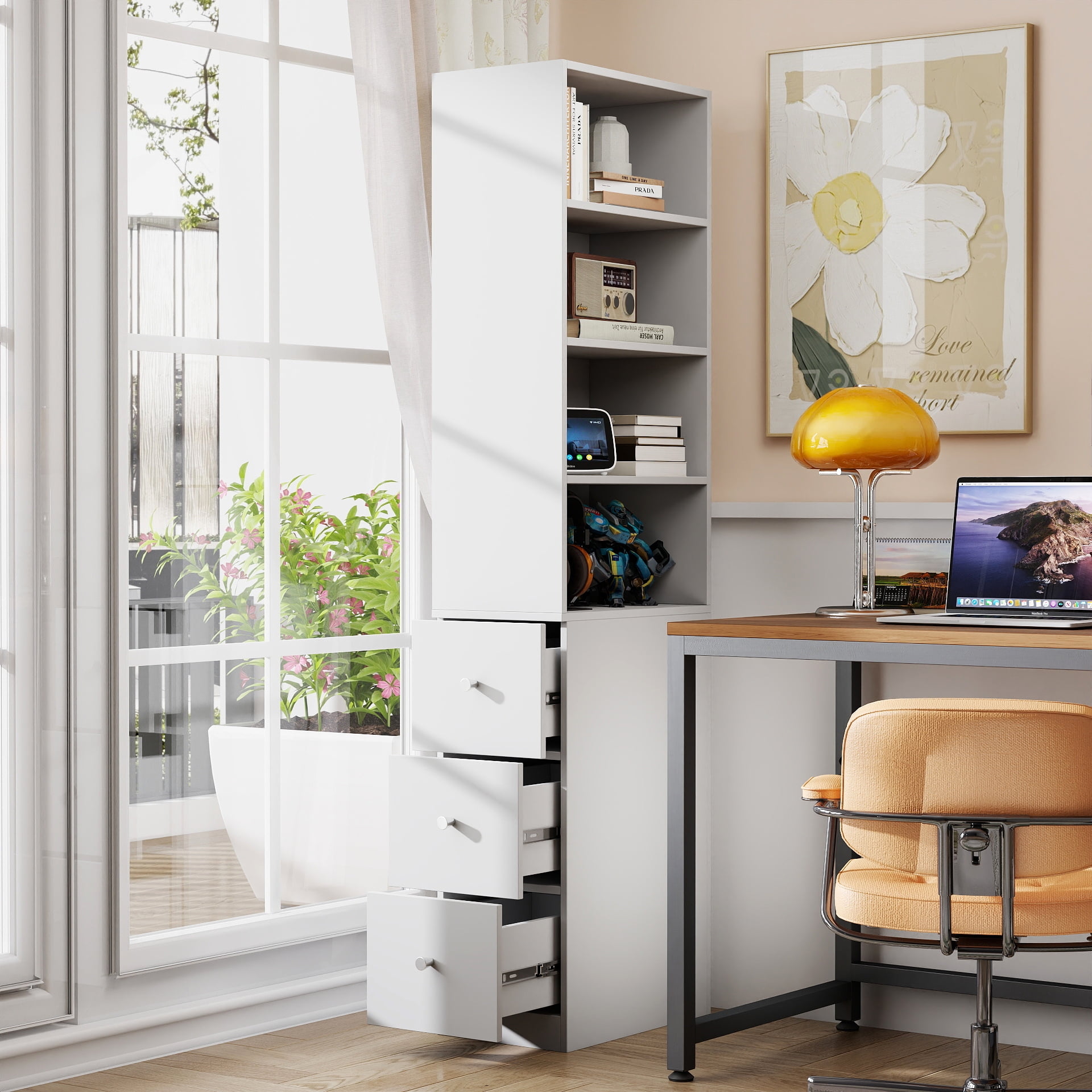 Mintazer 70" Tall Display Storage Cabinet with Drawers, 4 Tier Bookcase with 4 Open Shelf for Living Room Bedroom Kitchen Office, White
