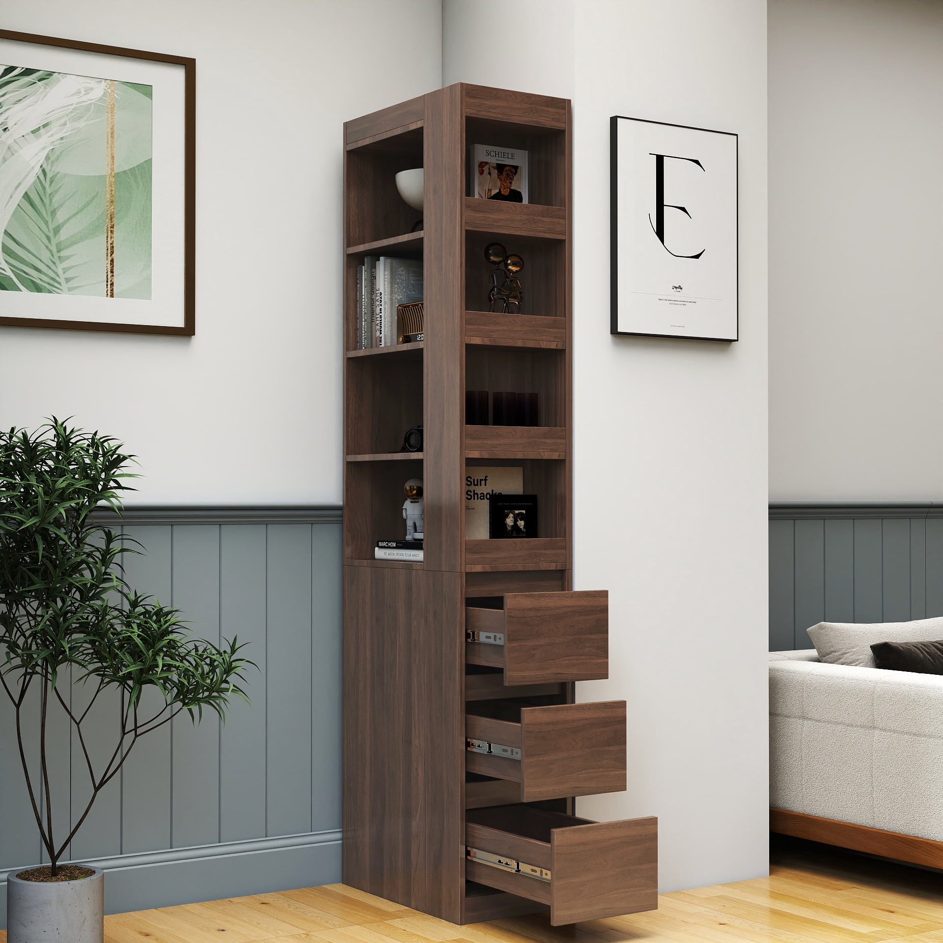 Mintazer 70" Tall Display Storage Cabinet with Drawers, 4 Tier Bookcase with 8 Open Shelf for Living Room Bedroom Kitchen Office, Walnut