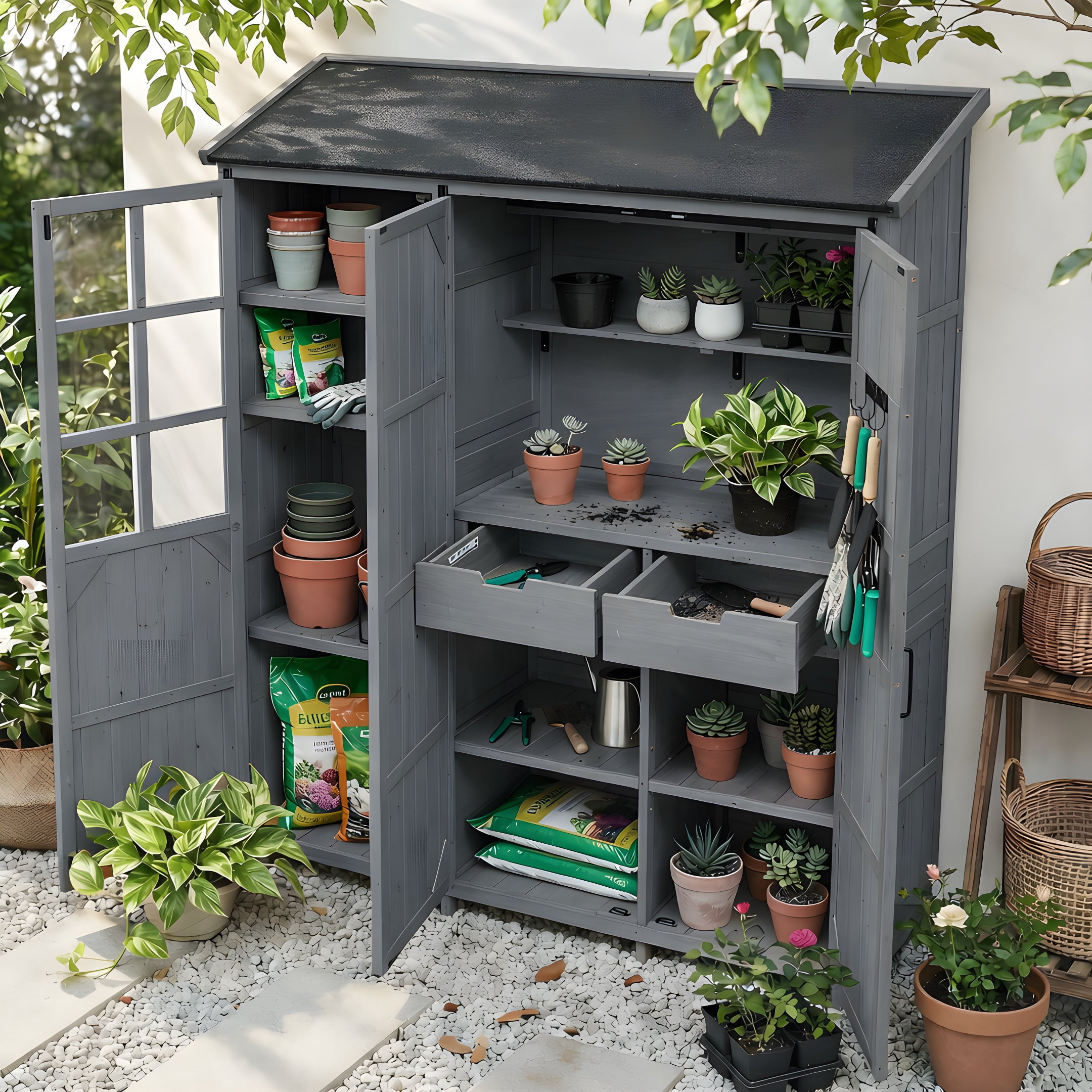Mintazer 71.6" Tall Outdoor Storage Shed with Potting Bench Workstation & Waterproof Roof, Garden Tool Cabinet with 7 Shelves & 2 Drawers and 6 Hooks, Gray