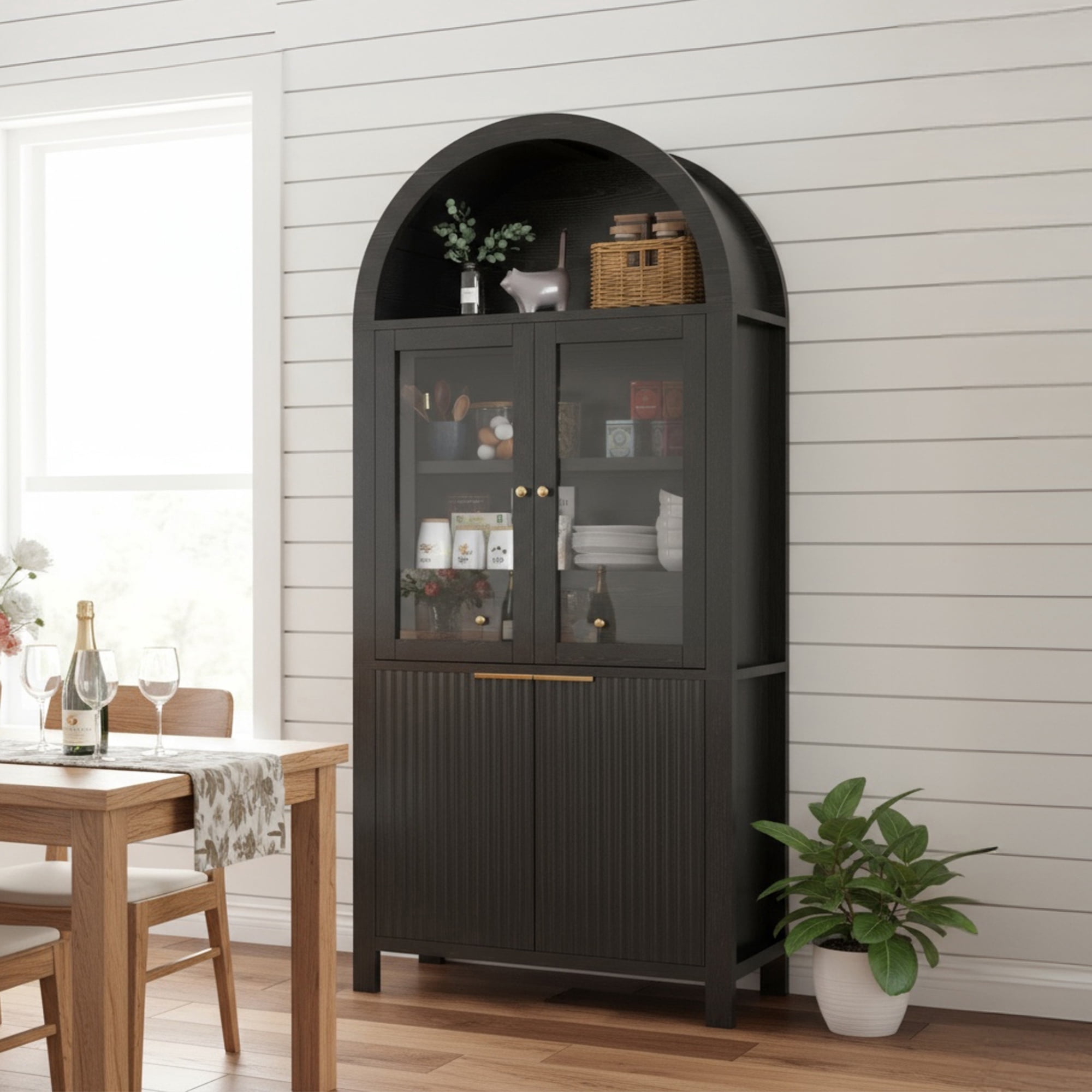 Mintazer 71" Fluted Tall Arched Kitchen Pantry Cabinet with Adjustable Shelves, Freestanding Storage Cabinet with Glass Doors & Drawer for Kitchen Living Room Dining Room, Black