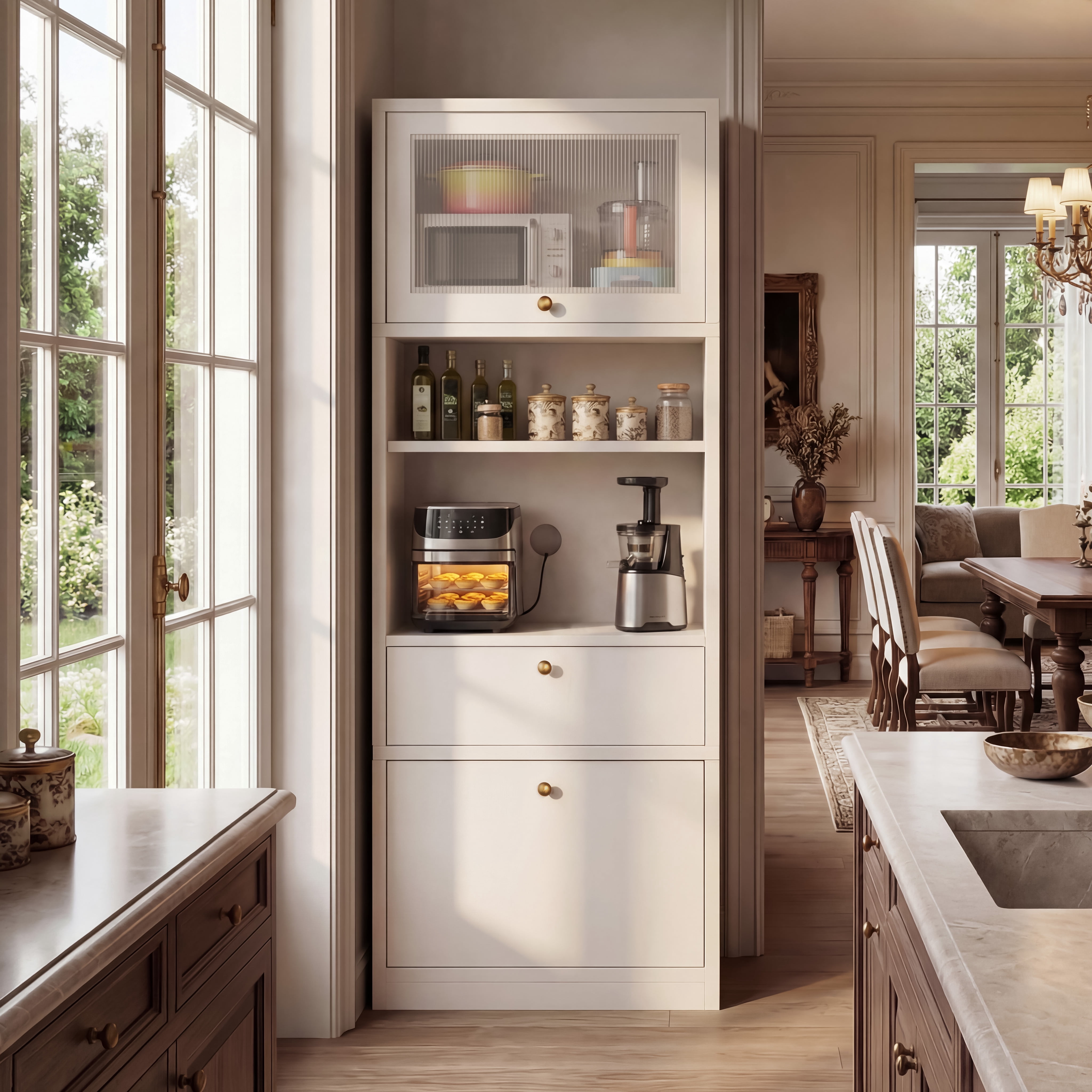Mintazer 71" Kitchen Pantry Storage Cabinet, Free Standing Kitchen Hutch with Door, Adjustable Shelves and Drawers for Home Kitchen Bedroom Corner, White