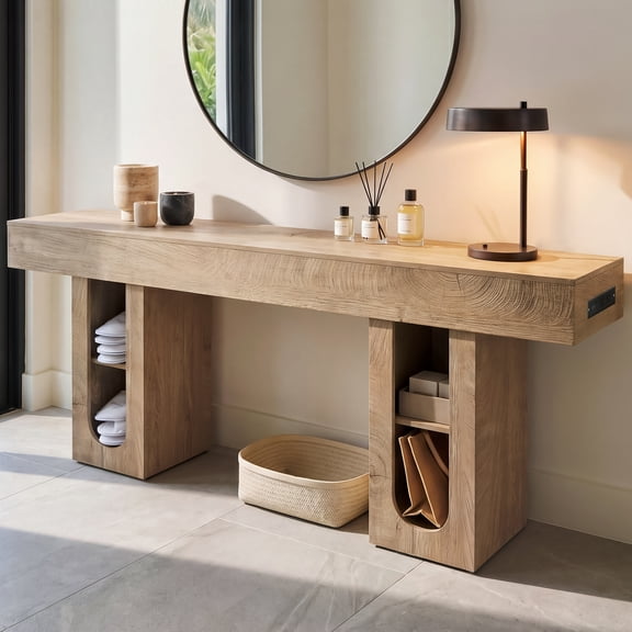Mintazer 71" Modern U-Shaped Console Table with Charge Station, Entryway Table with Storage Shelves, Sofa Table for Entryway Hallway Living Room, Natural