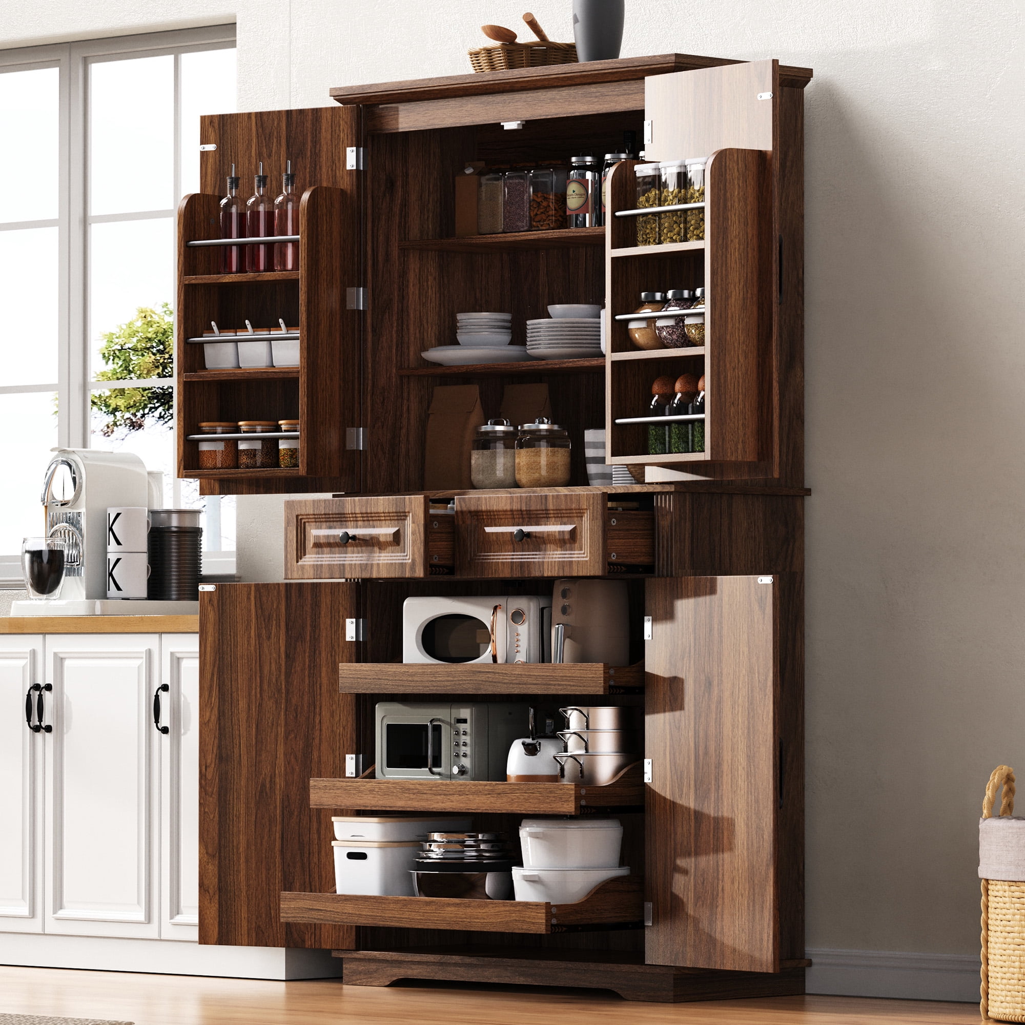 Mintazer 71" Tall Farmhouse Pantry Cabinet with Adjustable Shelves & 6 Door Shelves, Freestanding Storage Cabinet with 2 Drawers & 3 Pull-Out Organizers for Kitchen Dining Room Living Room, Brown