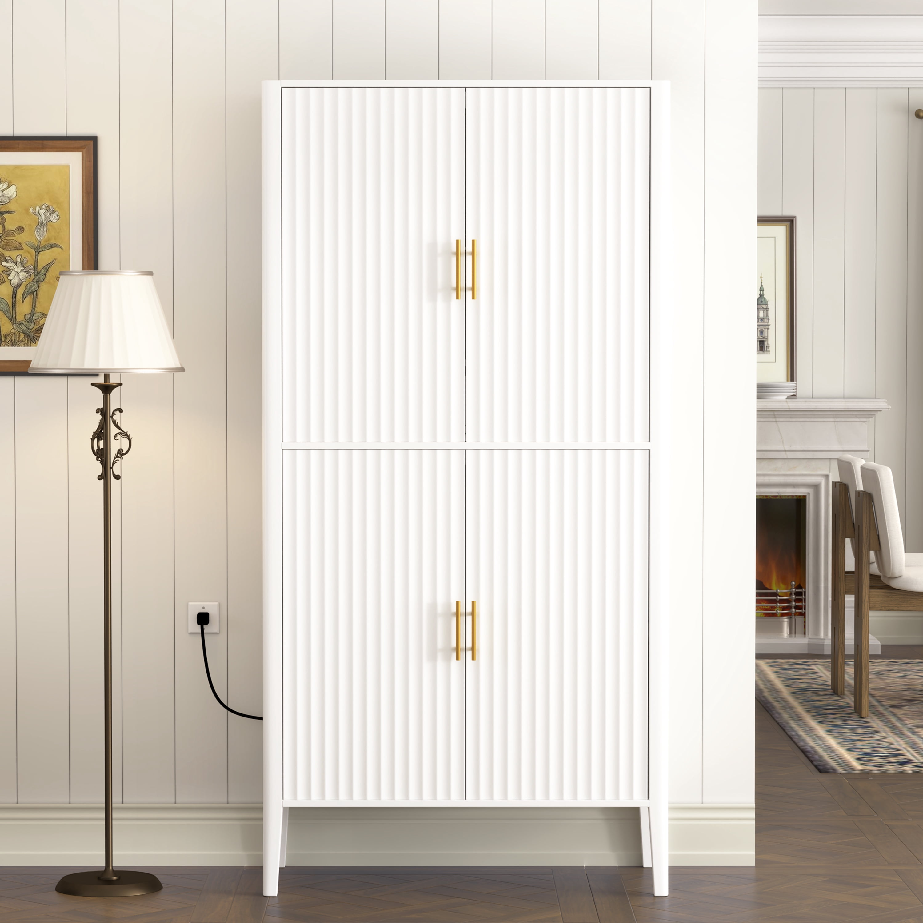 Mintazer 71" Tall Fluted Home Bar Wine Cabinet with 4 Door & Drawer, Modern LED Light Freestanding Storage Cabinet with Glass Rack & Adjustable Shelves for Dining Room Living Room, White