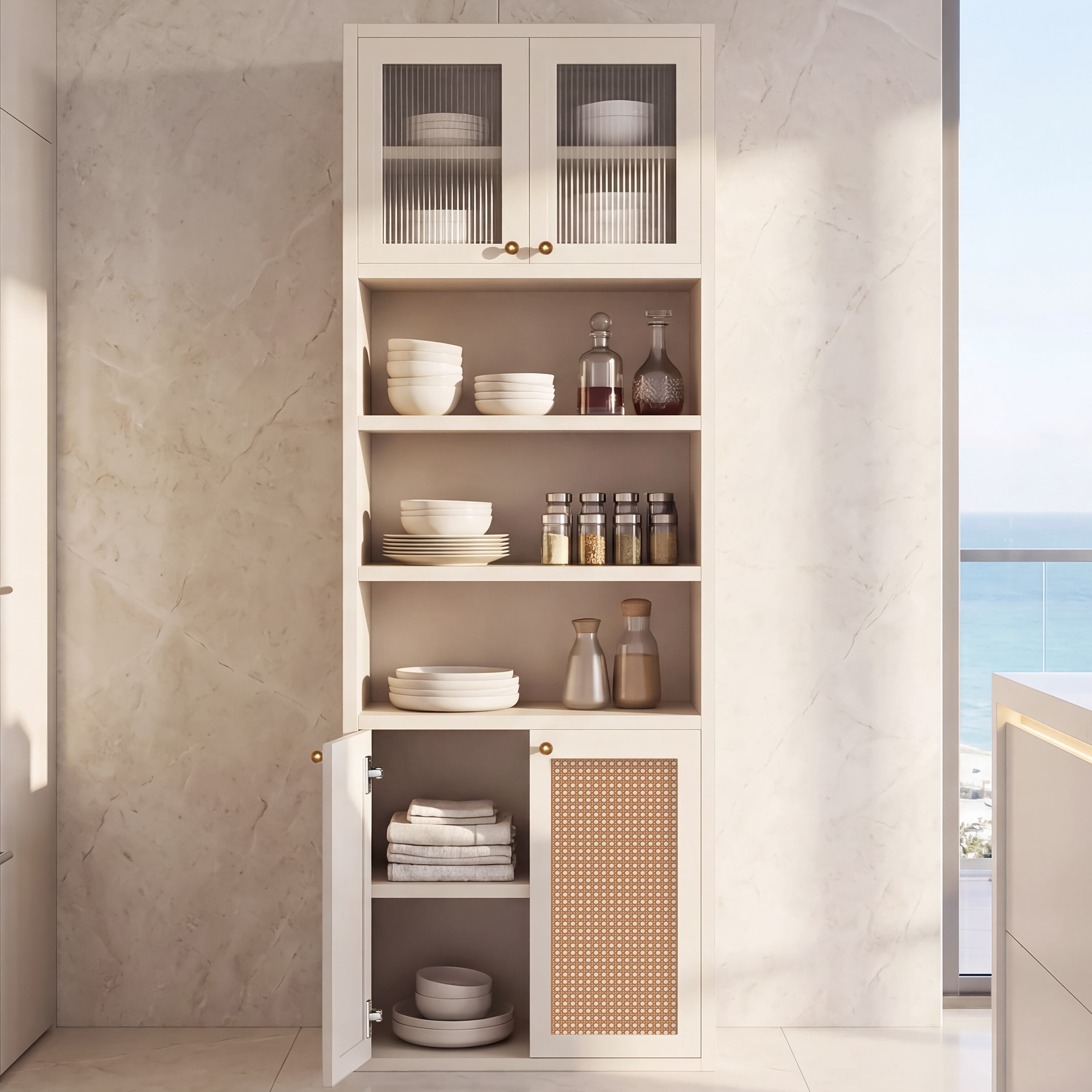 Mintazer 71" Tall Kitchen Pantry Storage Cabinet, Freestanding Modern Kitchen Cabinet with Open Shelf for Living Room, Dining Room, White