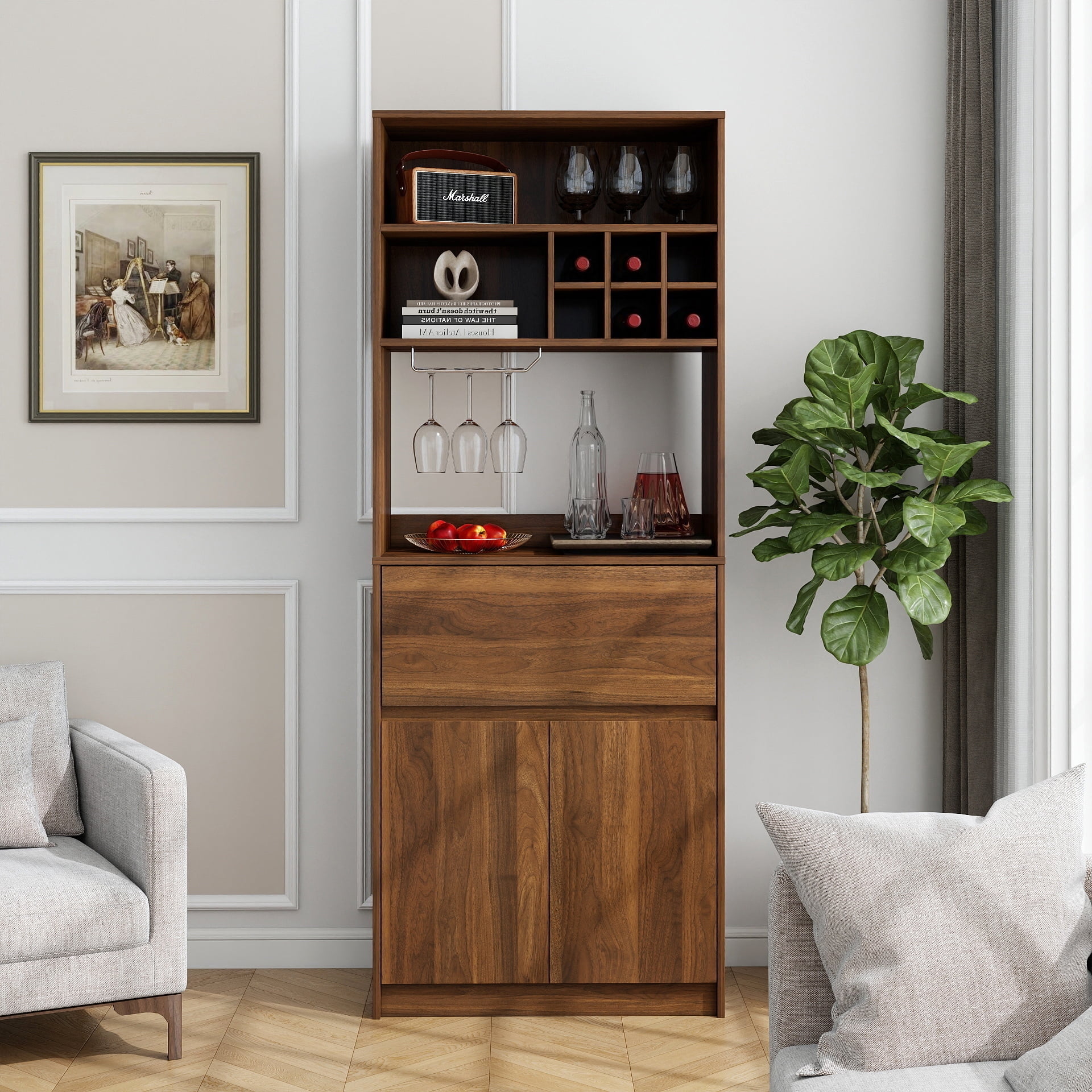 Mintazer 71" Tall Wine Bar Cabinet with Storage Hutch & Drawer, Farmhouse Coffee Bar Cabinet Wine Rack with Shelves for Kitchen Dining Room,Brown