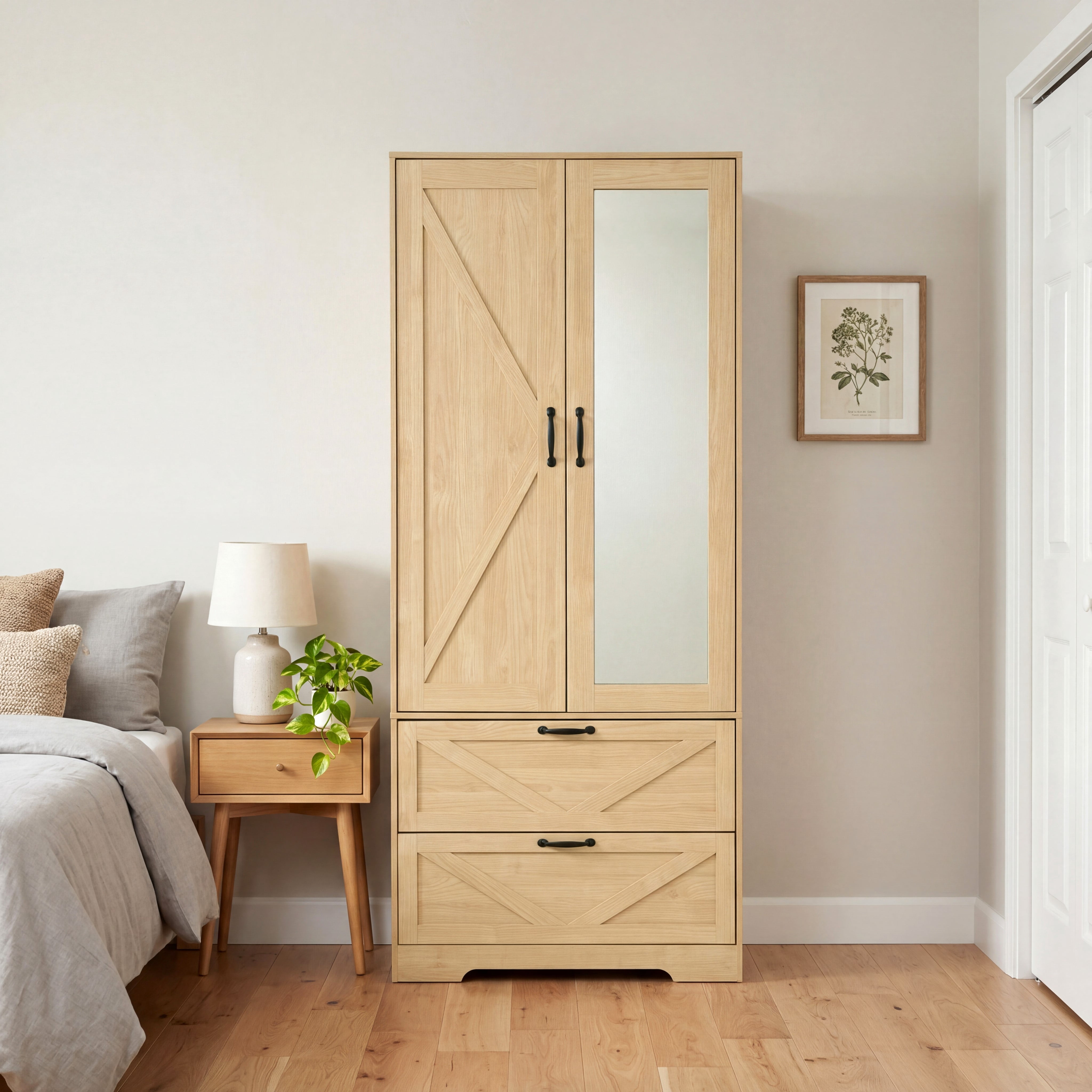 Mintazer 71" Tell Wardrobe Armoire with Mirror Door & 2 Large Drawers and Built-in Induction Light, Freestanding Clothing Storage Cabinet with Hanging Rod & Shelves for Bedroom, Natural