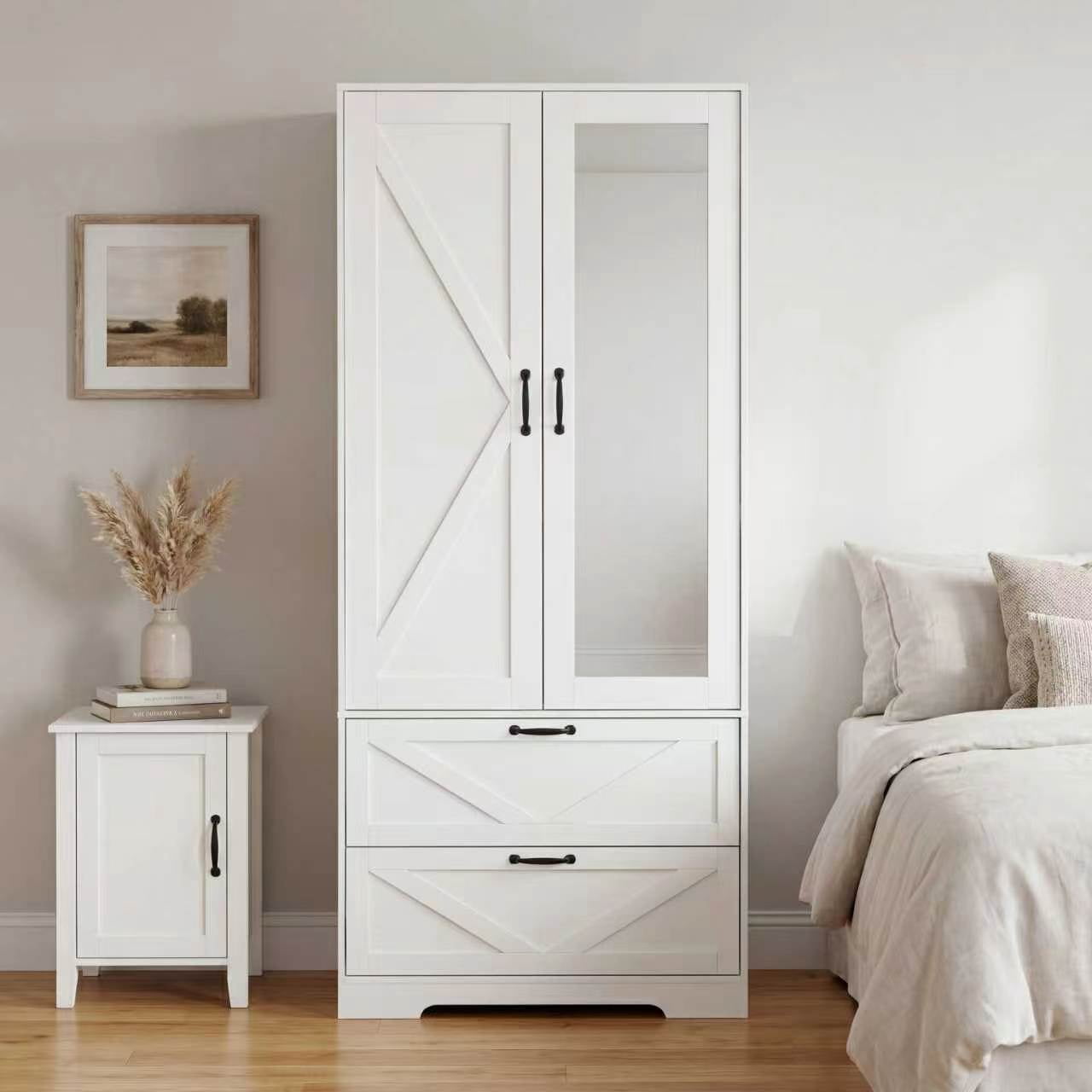Mintazer 71" Tell Wardrobe Armoire with Mirror Door & 2 Large Drawers and Built-in Induction Light, Freestanding Clothing Storage Cabinet with Hanging Rod & Shelves for Bedroom, White