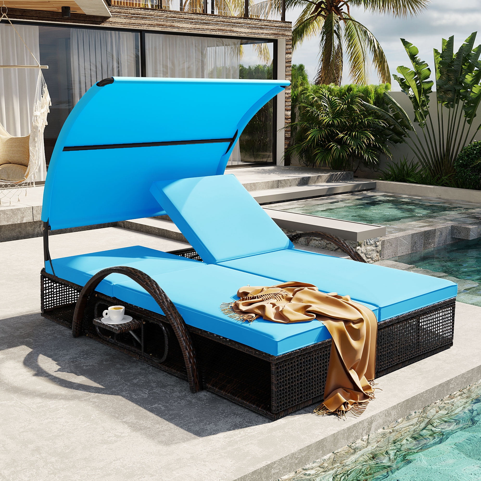 Mintazer 72.8" Outdoor Double Chaise Lounge with Adjustable Canopy & Pop-Up Side Table, Patio Double Sunbed with Arched Armrests for Patio Poolside, Brown & Blue