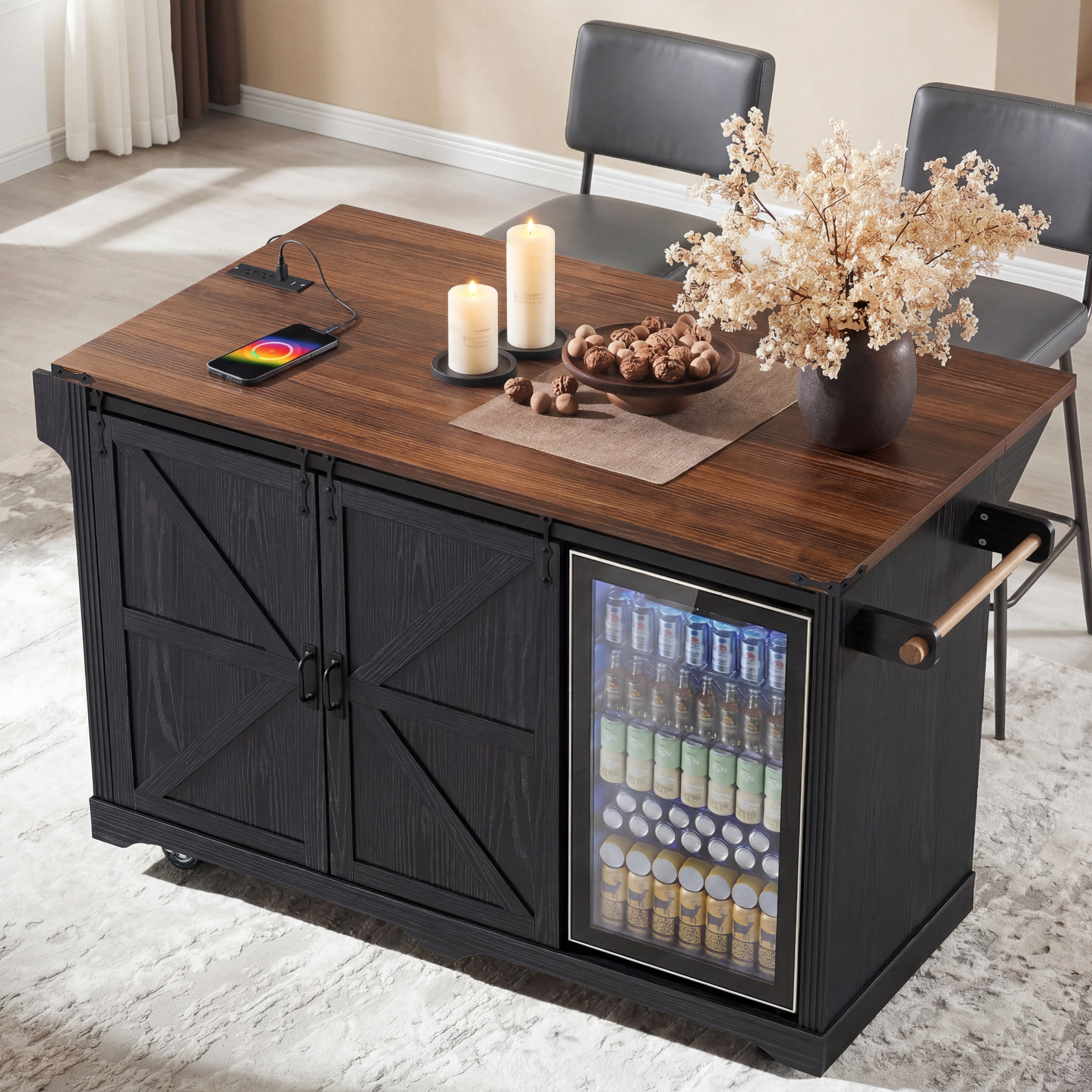 Mintazer 72" Farmhouse Rolling Kitchen Island with 2 Mini Fridge Space & Drop Leaf Countertop and Power Outlet, Bar Storage Cabinet with 4 Drawers & Barn Doors for Kitchen Dining Room, Black & Walnut