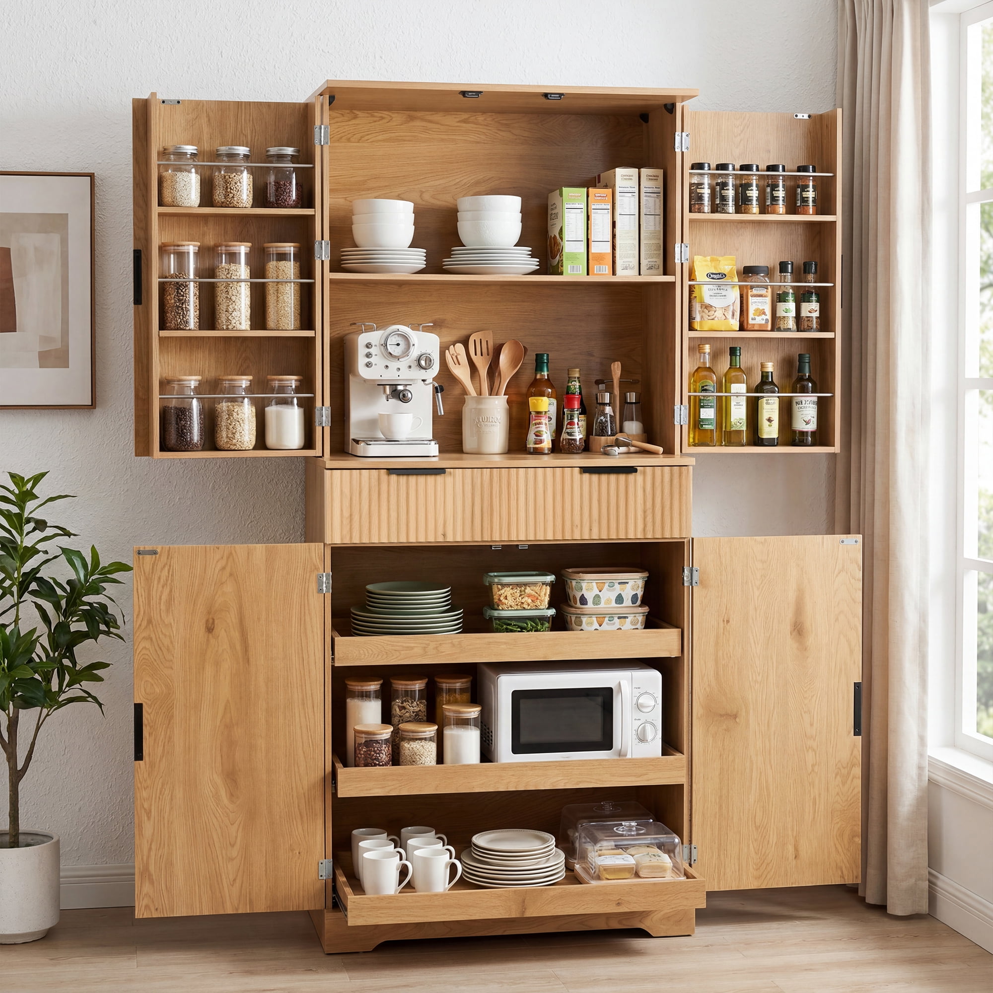 Mintazer 72" Fluted Freestanding Kitchen Pantry Storage Cabinet with 4 Door & Drawers, Large Storage Hutch with Spice Door Racks for Kitchen Dining Room Bathroom, Natural