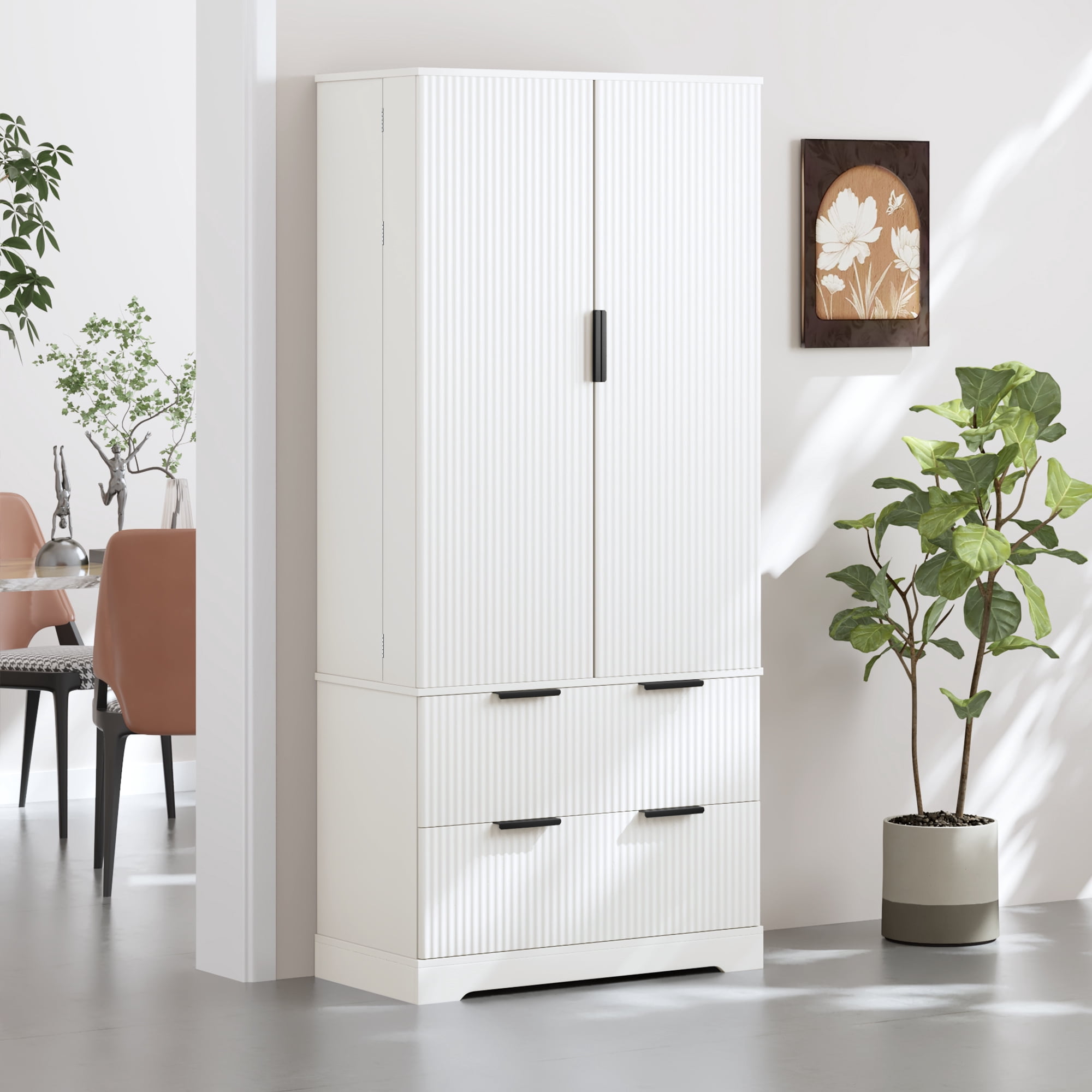 Mintazer 72" Modern Fluted French Kitchen Pantry Cabinet with 2 Large Drawers, Freestanding Storage Cabinet with Spice Racks for Kitchen Living Room Dining Room, White