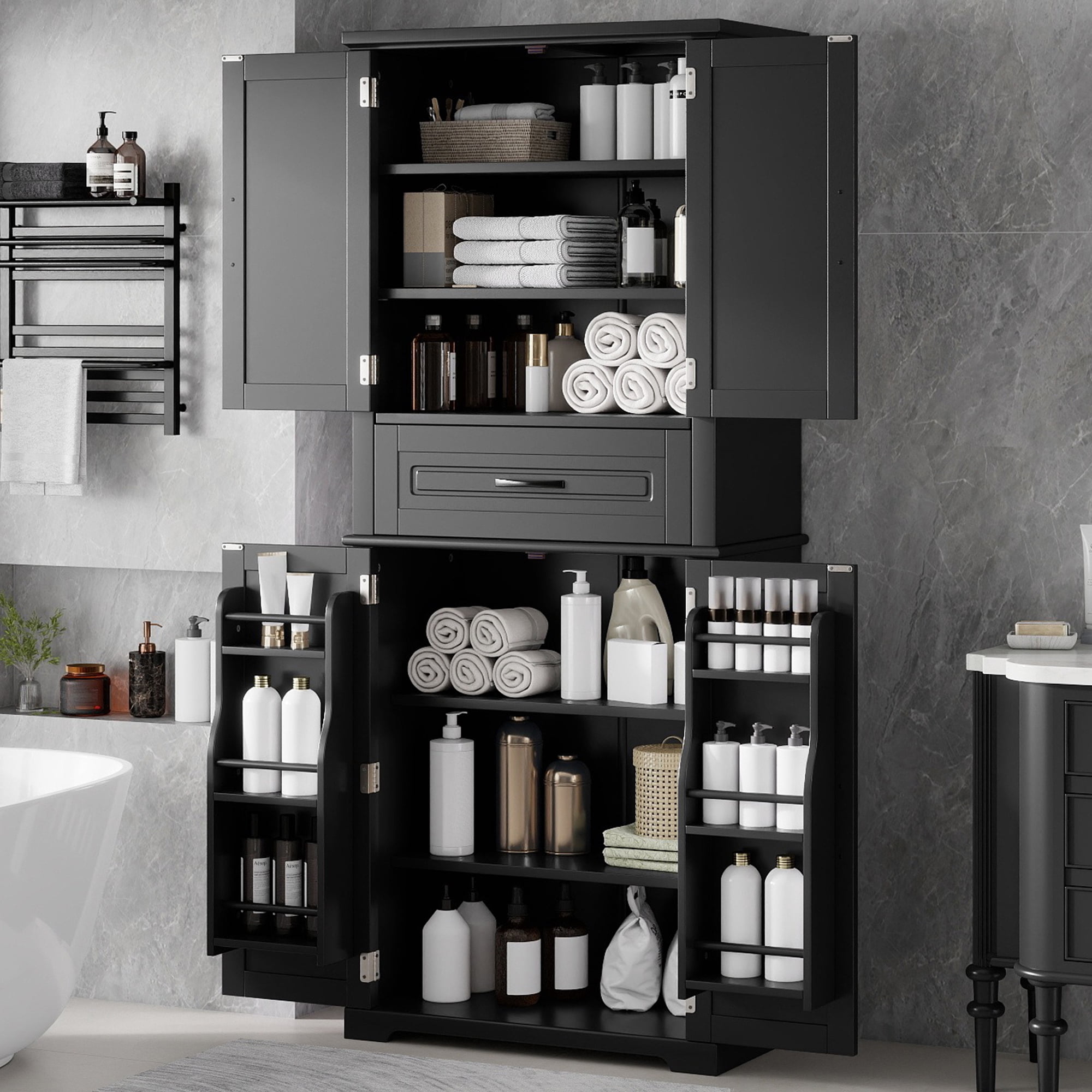 Mintazer 72" Tall Bathroom Linen Cabinet with Adjustable Shelves & Large Drawer, Freestanding Storage Cabinet with Side Door Organizer for Bathroom Laundry Room, Black