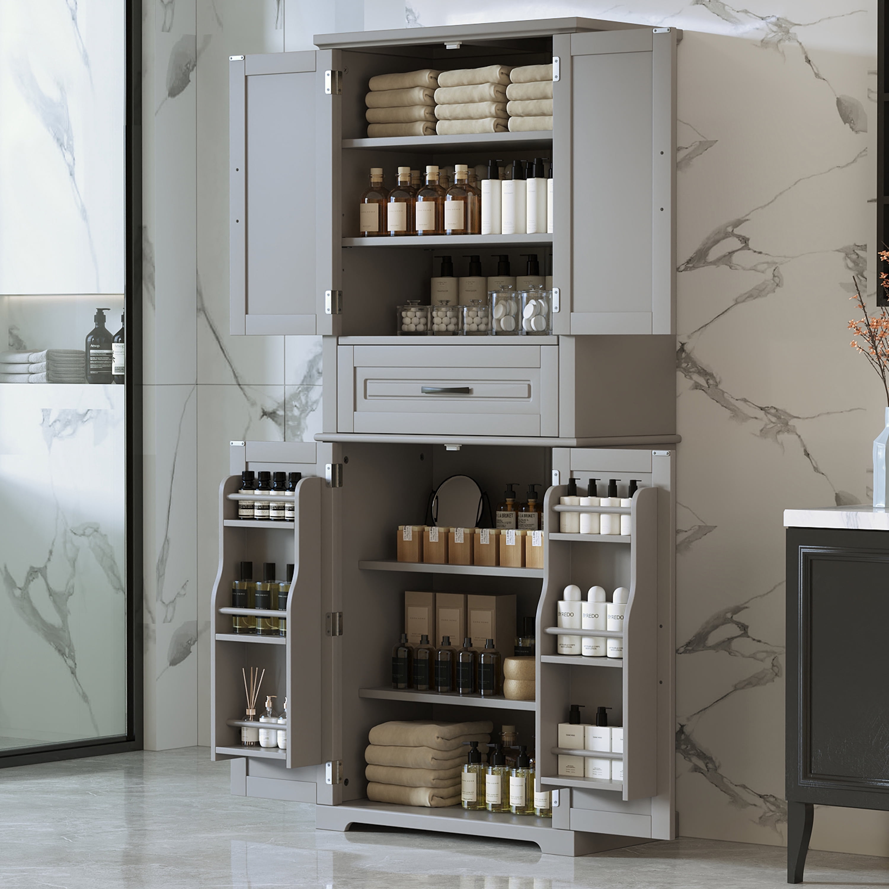 Mintazer 72" Tall Bathroom Linen Cabinet with Adjustable Shelves & Large Drawer, Freestanding Storage Cabinet with Side Door Organizer for Bathroom Laundry Room, Grey