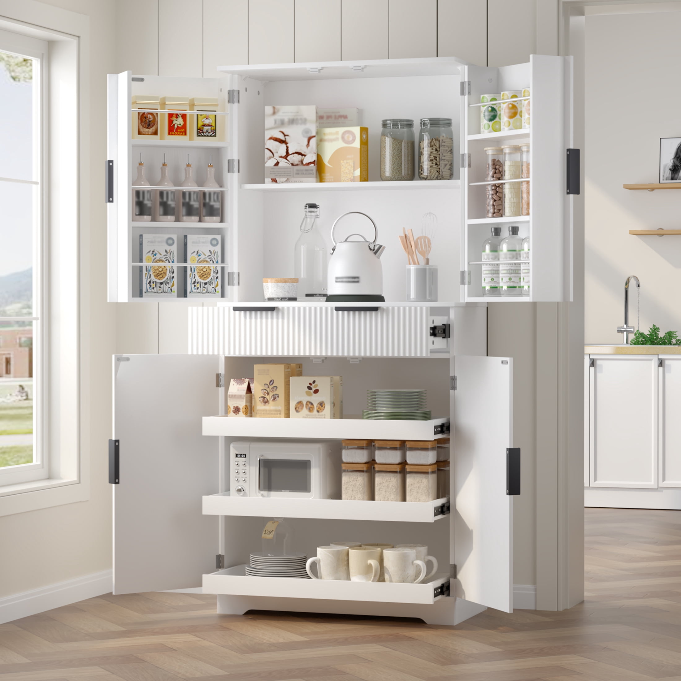 Mintazer 72" Tall Fluted Kitchen Pantry Cabinet with Drawers & Adjustable Shelves, Freestanding Storage Cabinet with Spice Racks for Kitchen Living Room Dining Room, White