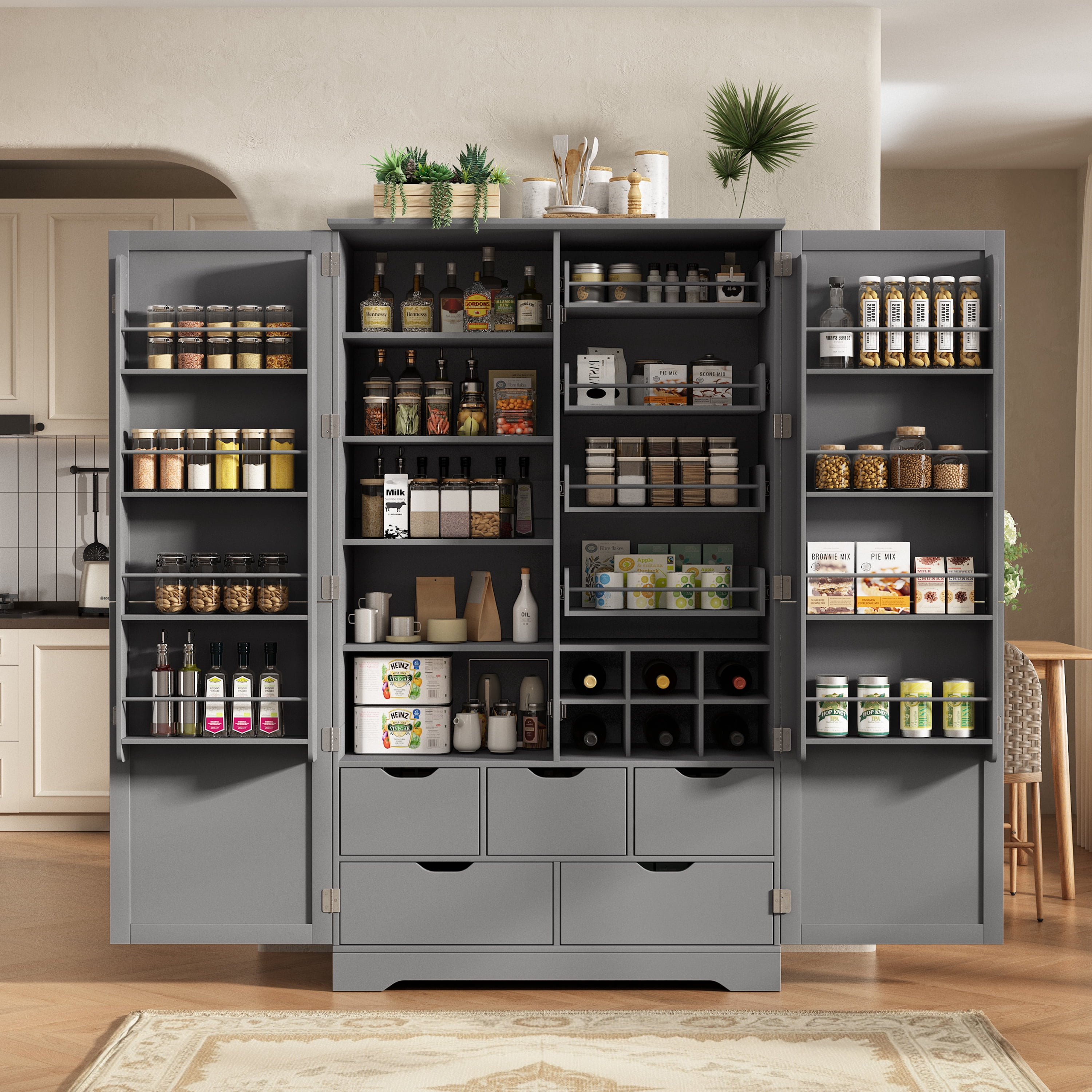 Mintazer 72" Tall Freestanding Kitchen Pantry Cabinet with 5 Drawers, Adjustable Shelves, Pull‑Out Trays & Door Storage Racks for Kitchen Dining Room Living Room, White