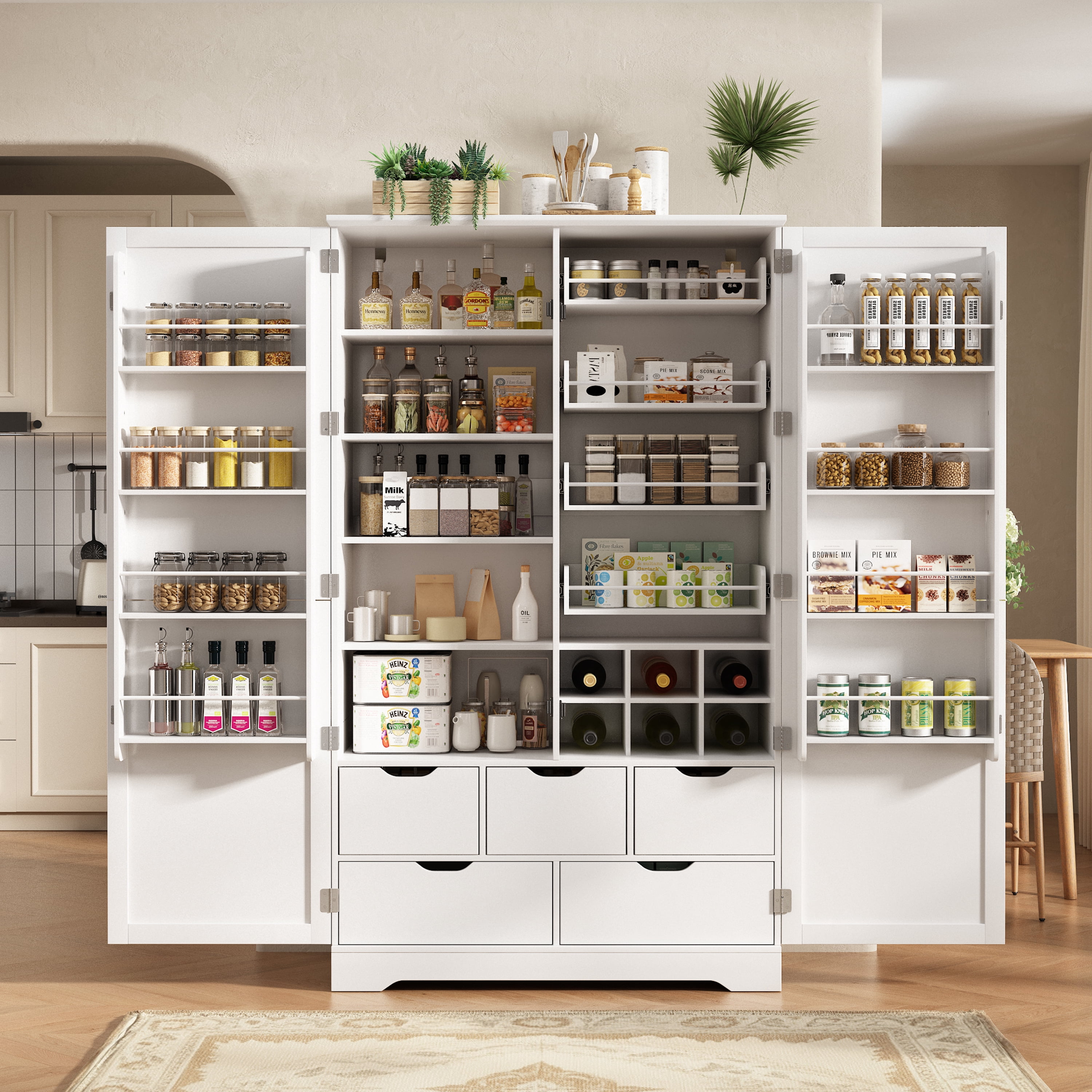 Mintazer 72" Tall Freestanding Kitchen Pantry Cabinet with 5 Drawers, Adjustable Shelves, Pull‑Out Trays & Door Storage Racks for Kitchen Dining Room Living Room, White