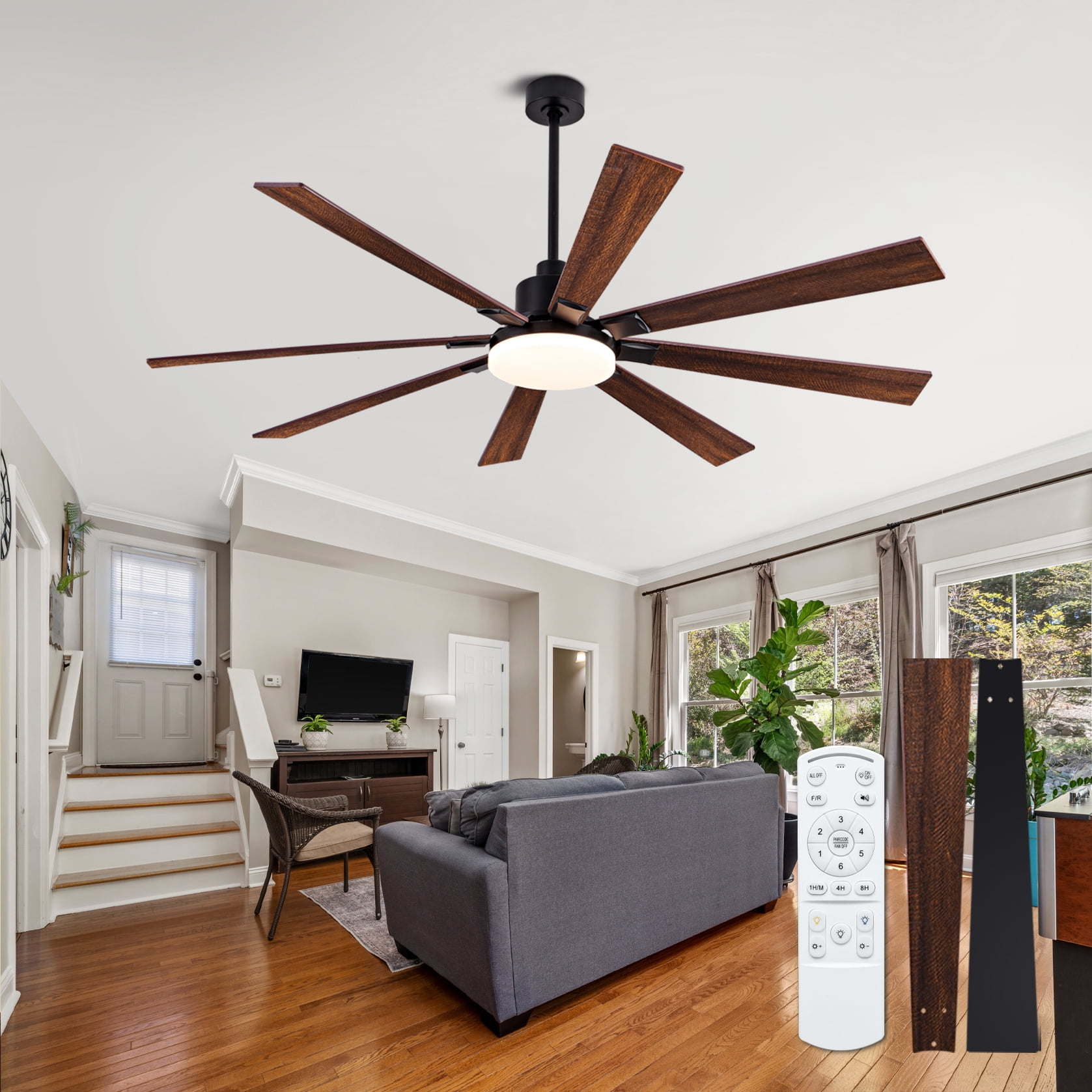 Mintazer 72 in Ceiling Fan with Lights and Remote, Modern Ceiling Fan with 6 Speed & 8 Blade for Farmhouse Bedroom Living Room Gazebo Patio, Brown