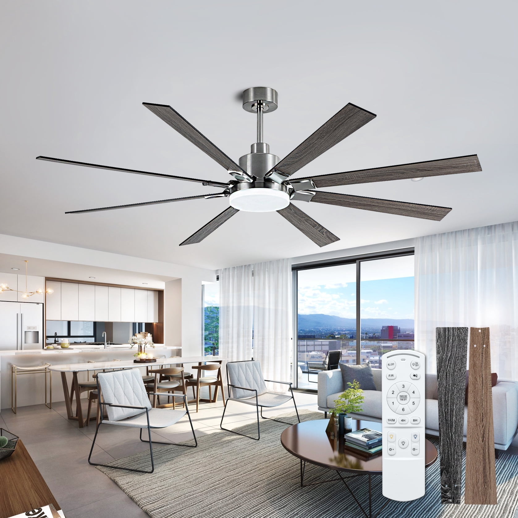 Mintazer 72 in Ceiling Fan with Lights and Remote, Modern Ceiling Fan with 6 Speed & 8 Blade for Farmhouse Bedroom Living Room Gazebo Patio, Silver