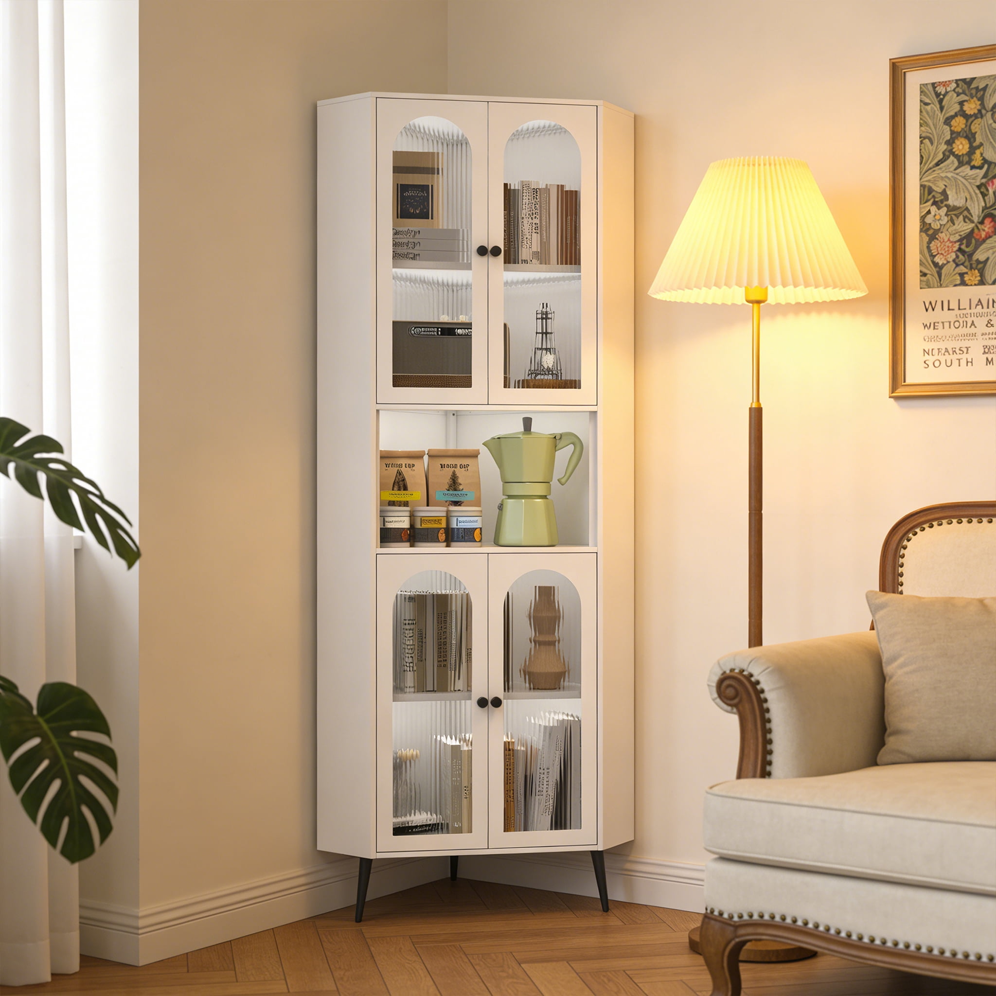 Mintazer 73" Tall Corner Storage Cabinet with 6-Tier Adjustable Shelves & 4 Glass Doors, Metal Corner Organizer for Living Room Bedroom Bathroom, White