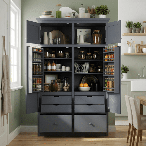 Mintazer 74.8" Tall Freestanding Kitchen Pantry Cabinet with 6 Drawers, Adjustable Shelves & 8 Side Spice Racks, Food Storage Cabinet with 4 Pull-out Trays for Dining Room, Grey
