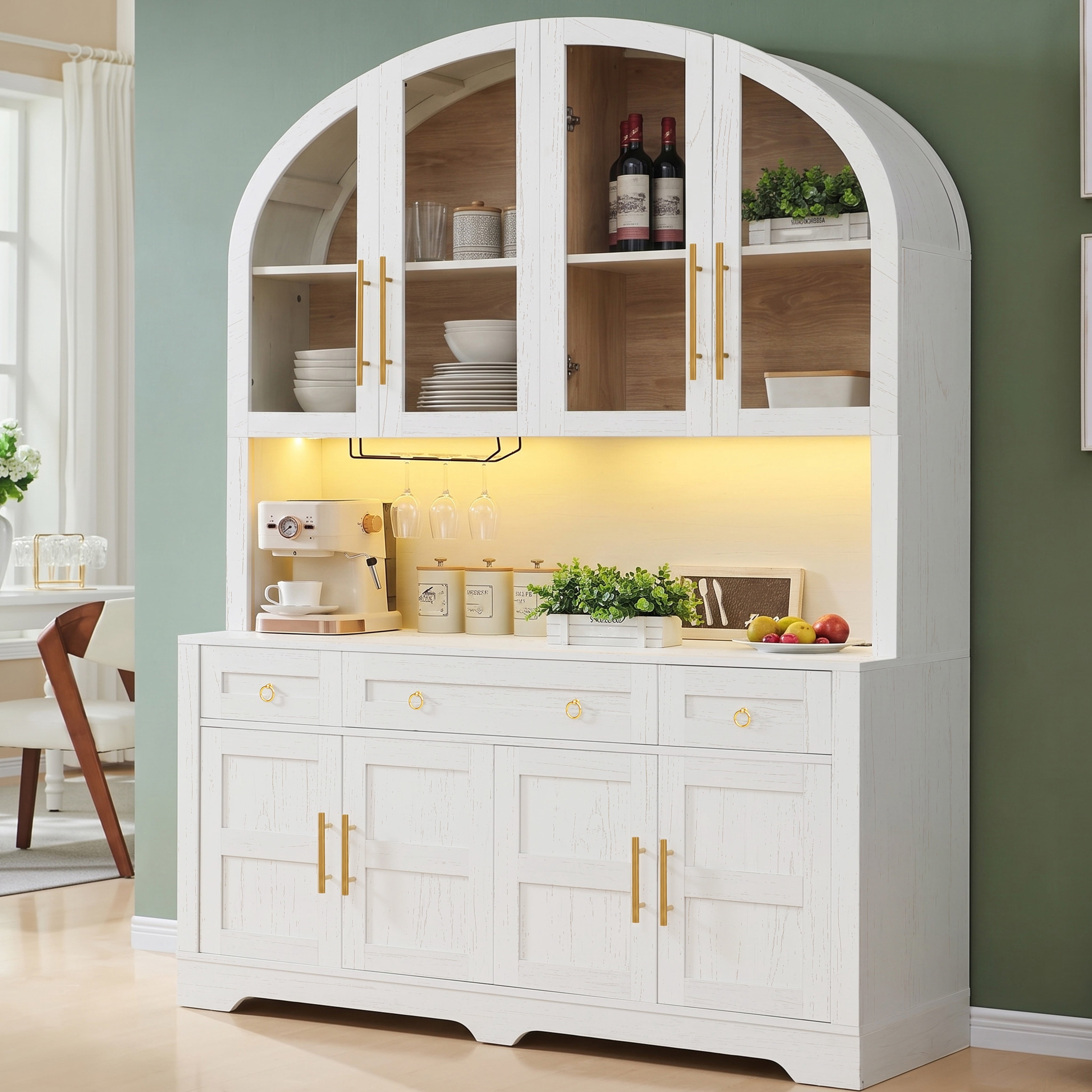 Mintazer 75.8" Farmhouse Kitchen Hutch with Arched Glass Doors, LED Light & Charging Station, Freestanding Pantry Buffet Cabinet with Drawers & Wine Glass Holder for Dining Room Living Room, White