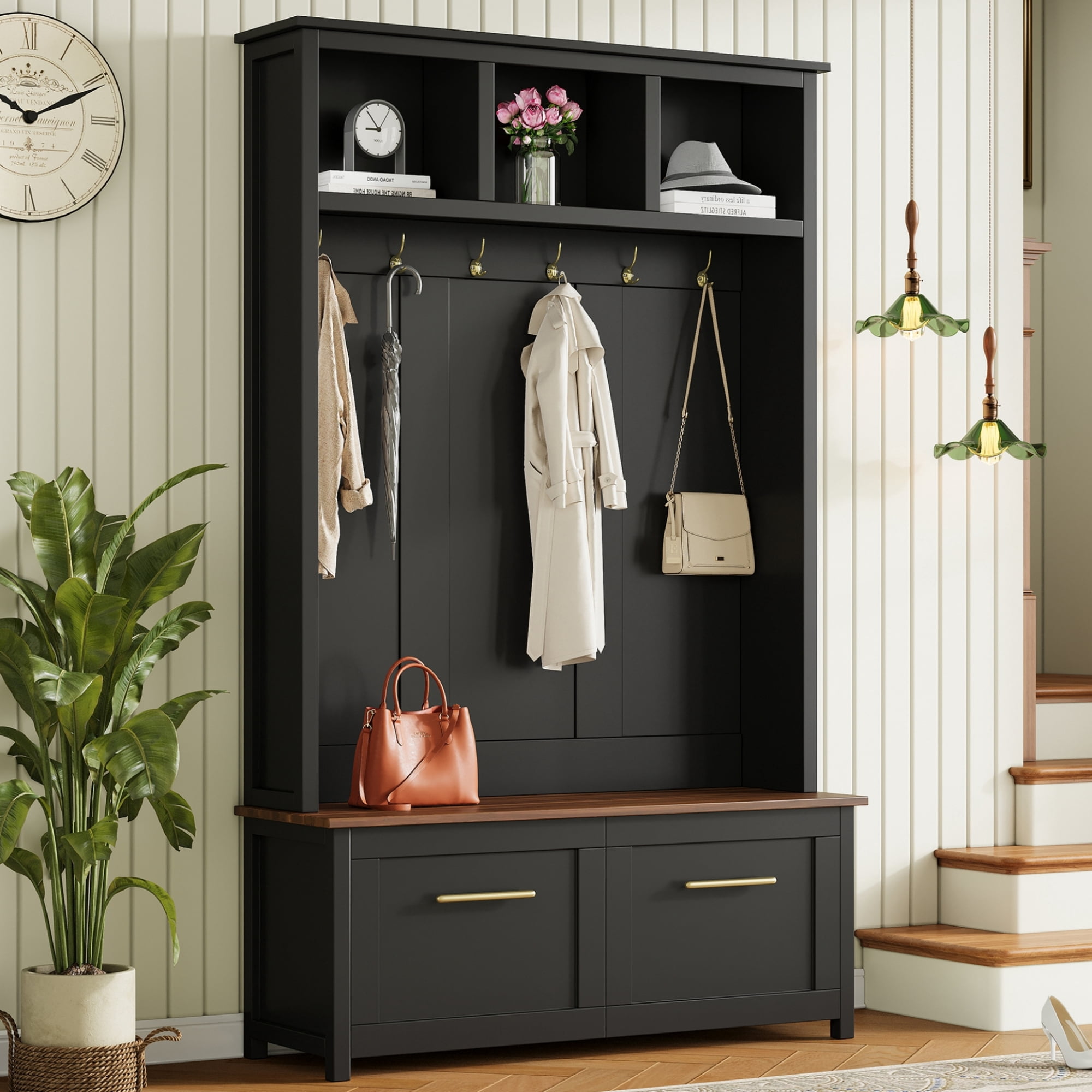 Mintazer 76.6"H Entryway Hall Tree with Bench & 2 Storage Drawers, 4-in-1 Entryway Organizer with Open Hutch Cubbies & 6 Golden Hooks for Mudroom Hallway, Black