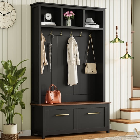 Mintazer 76.6"H Entryway Hall Tree with Bench & 2 Storage Drawers, 4-in-1 Entryway Organizer with Open Hutch Cubbies & 6 Golden Hooks for Mudroom Hallway, Black