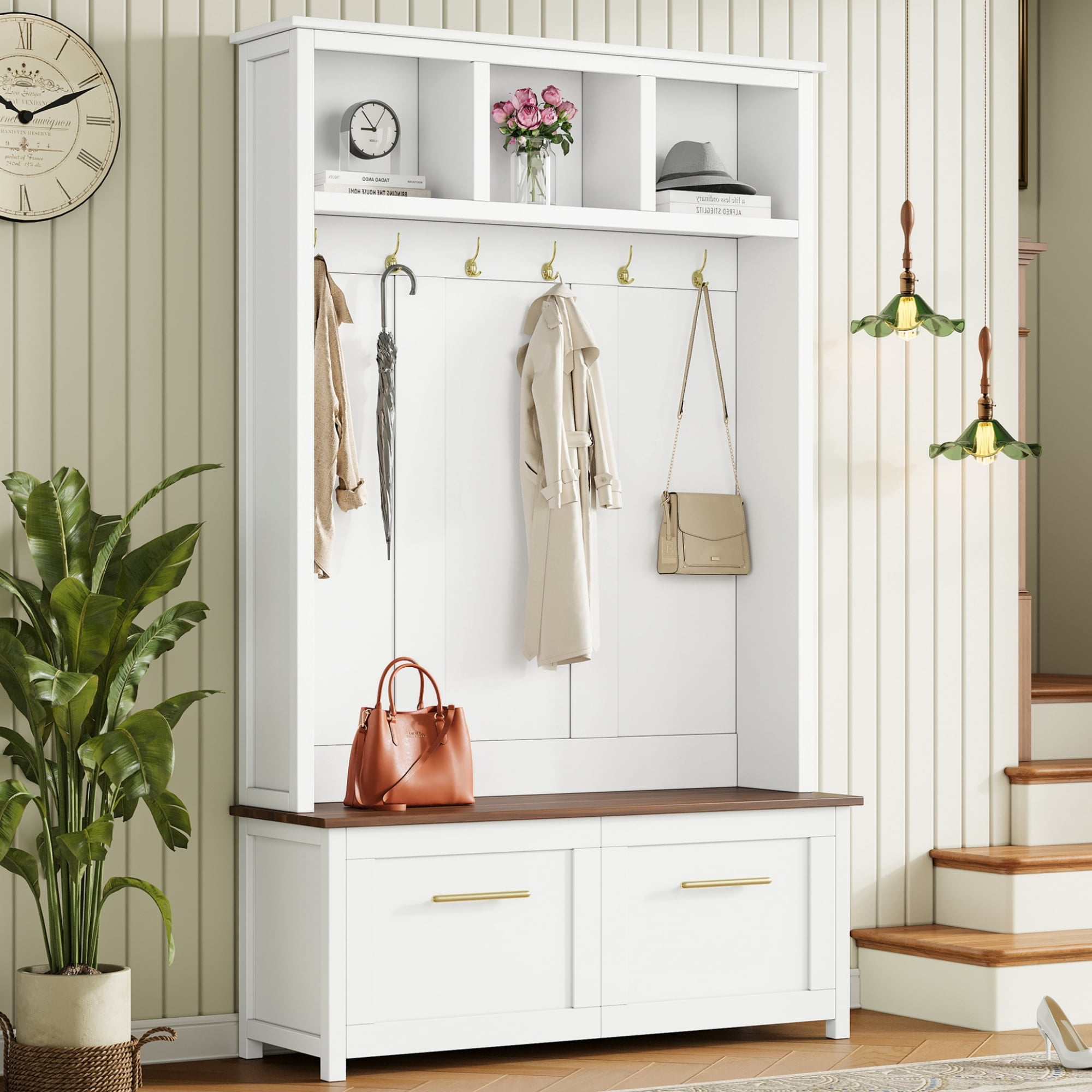 Mintazer 76.6"H Entryway Hall Tree with Bench & 2 Storage Drawers, 4-in-1 Entryway Organizer with Open Hutch Cubbies & 6 Golden Hooks for Mudroom Hallway, White