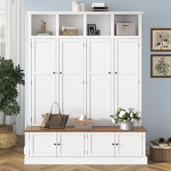 Mintazer 76.7"H Farmhouse Hall Tree with Bench & Cabinet, 4-in-1 Entryway Large Storage Organizer with Coat Rack, Cubbies & Hooks, White