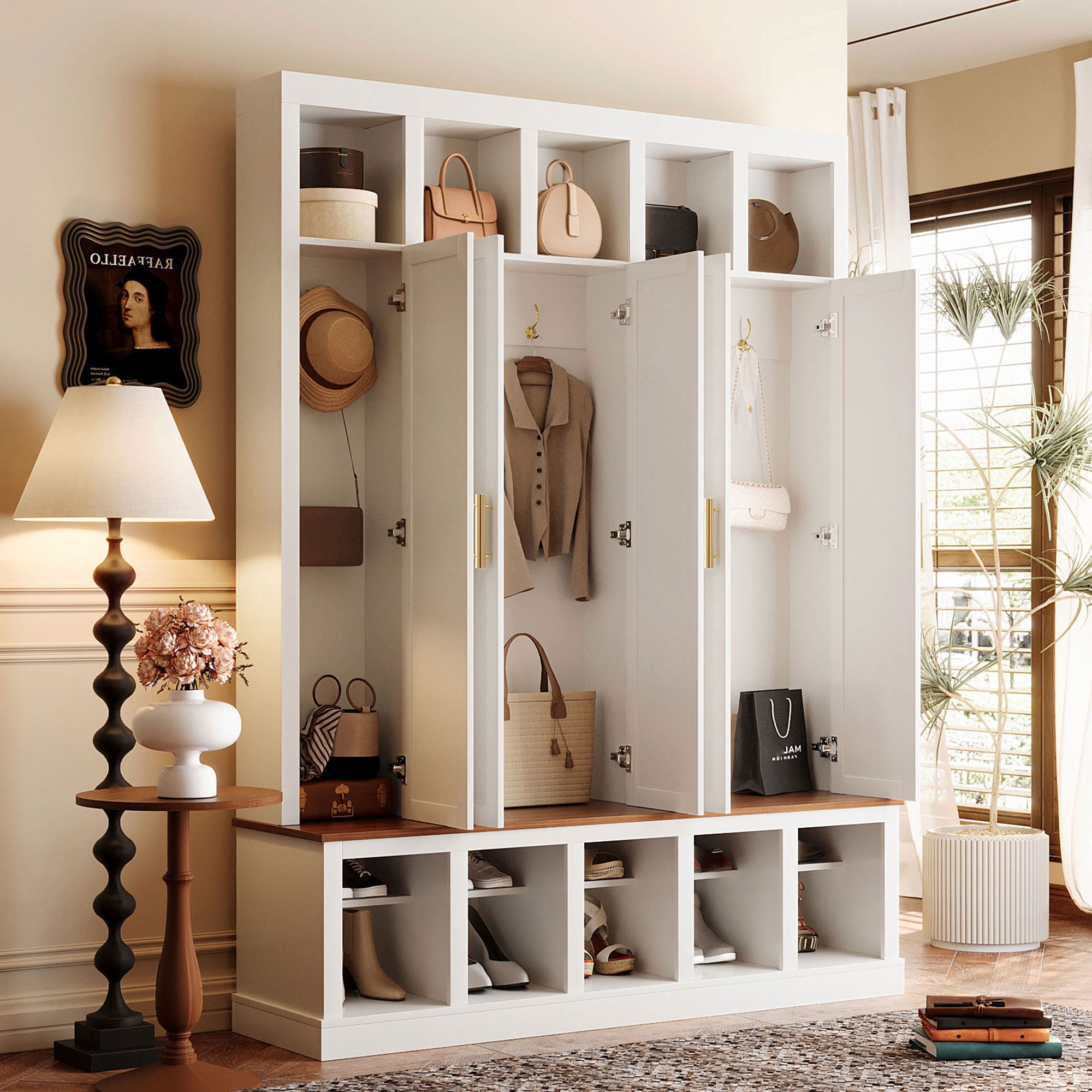 Mintazer 76” Tall Farmhouse Hall Tree with Shoe Rack Bench & Display Cubbies, Storage Cabinet with 3 Doors Closet for Entryway, Living Room, Bedroom, White