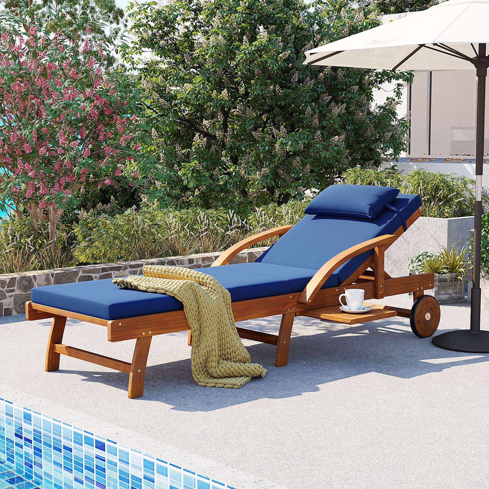 Mintazer 77.5" Adjustable Outdoor Chaise Lounge with Cushion & Headrest, Wheeled Pool Lounge Chair with Retractable Side Tray, Natural & Blue