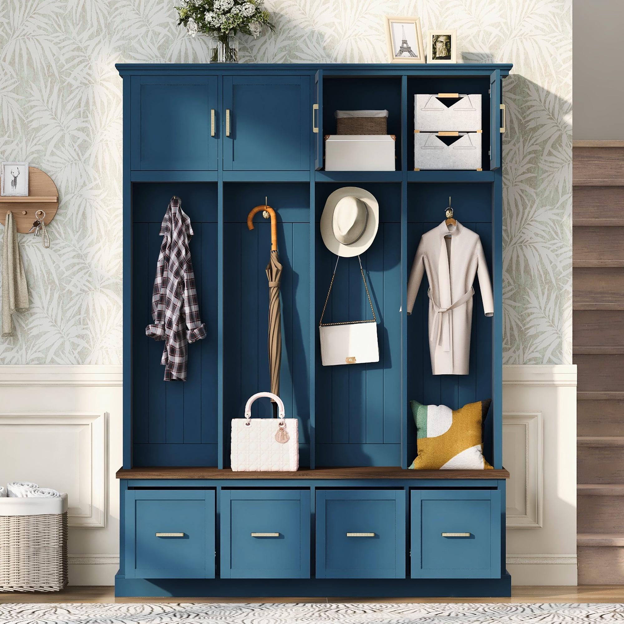 Mintazer 78” Tall Farmhouse Entryway Hall Tree with Coat Rack Hooks, Cabinets, Drawers & Shoe Storage Bench for Living Room, Bedroom, Hallway, Navy Blue