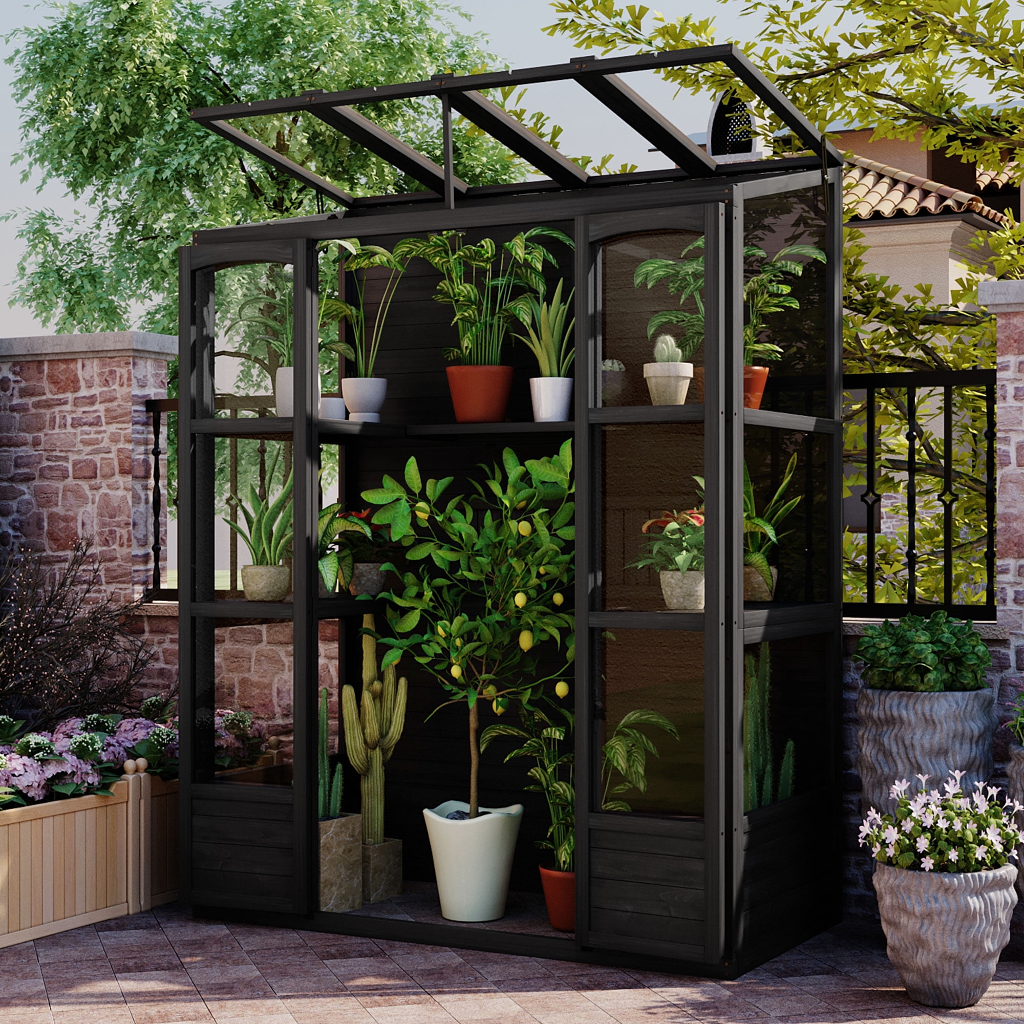 Mintazer 78" Walk-In Greenhouse, Outdoor Plant Gardening Greenhouse with 4 Independent Skylights & 2 Folding Middle Shelves, White