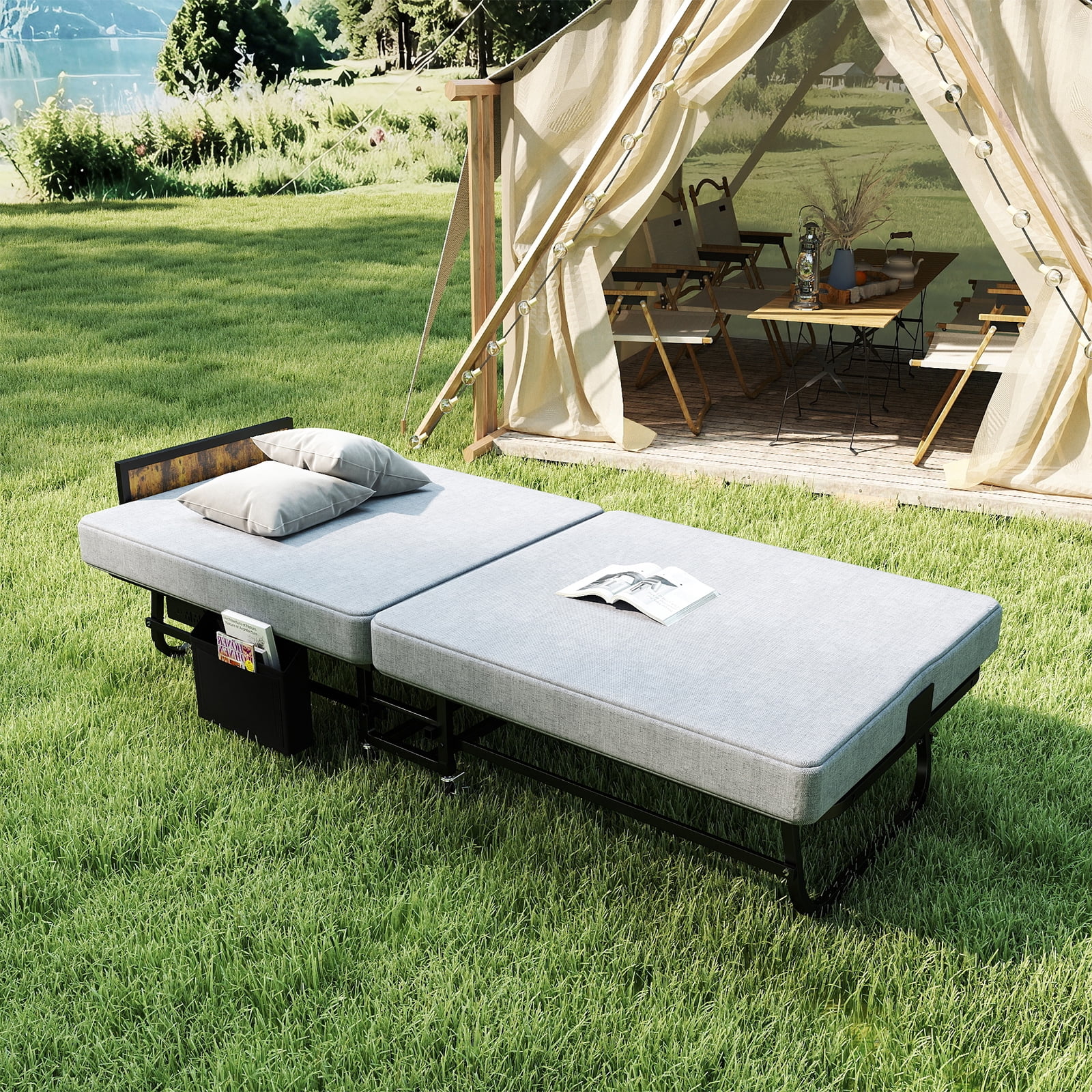 Mintazer 78"X31" Foldable Folding Guest Bed with 3" Memory Foam Mattress & Wheels, Metal Frame Portable Bed with Charging Station & Storage Pocket for Guests Office Naps Camping