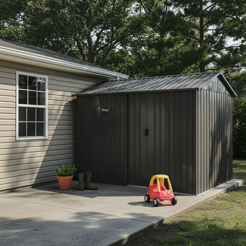 Mintazer 8×6ft Metal Outdoor Storage Shed with Lockable Sliding Doors & Window, Weatherproof Garden Tool Shed, Black