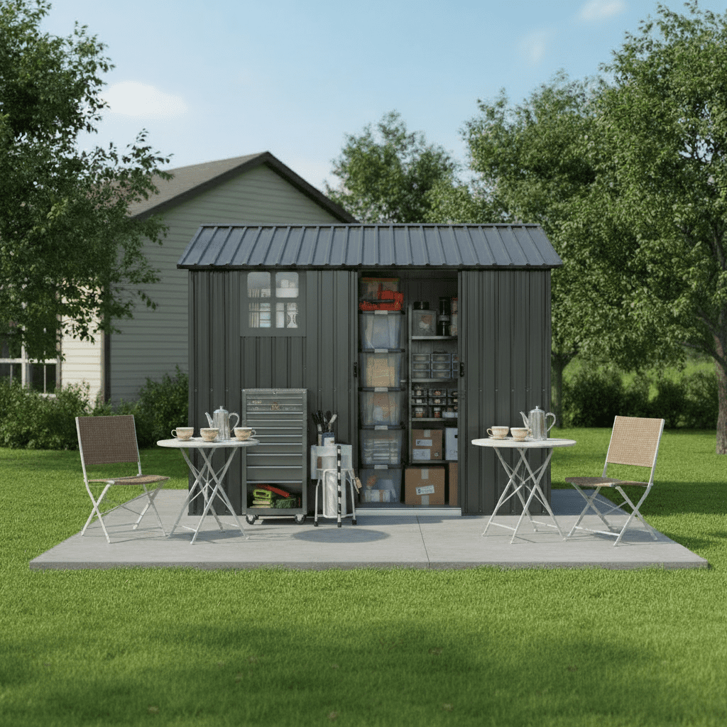 Mintazer 8×6ft Metal Outdoor Storage Shed with Lockable Sliding Doors & Window, Weatherproof Garden Tool Shed, Gray