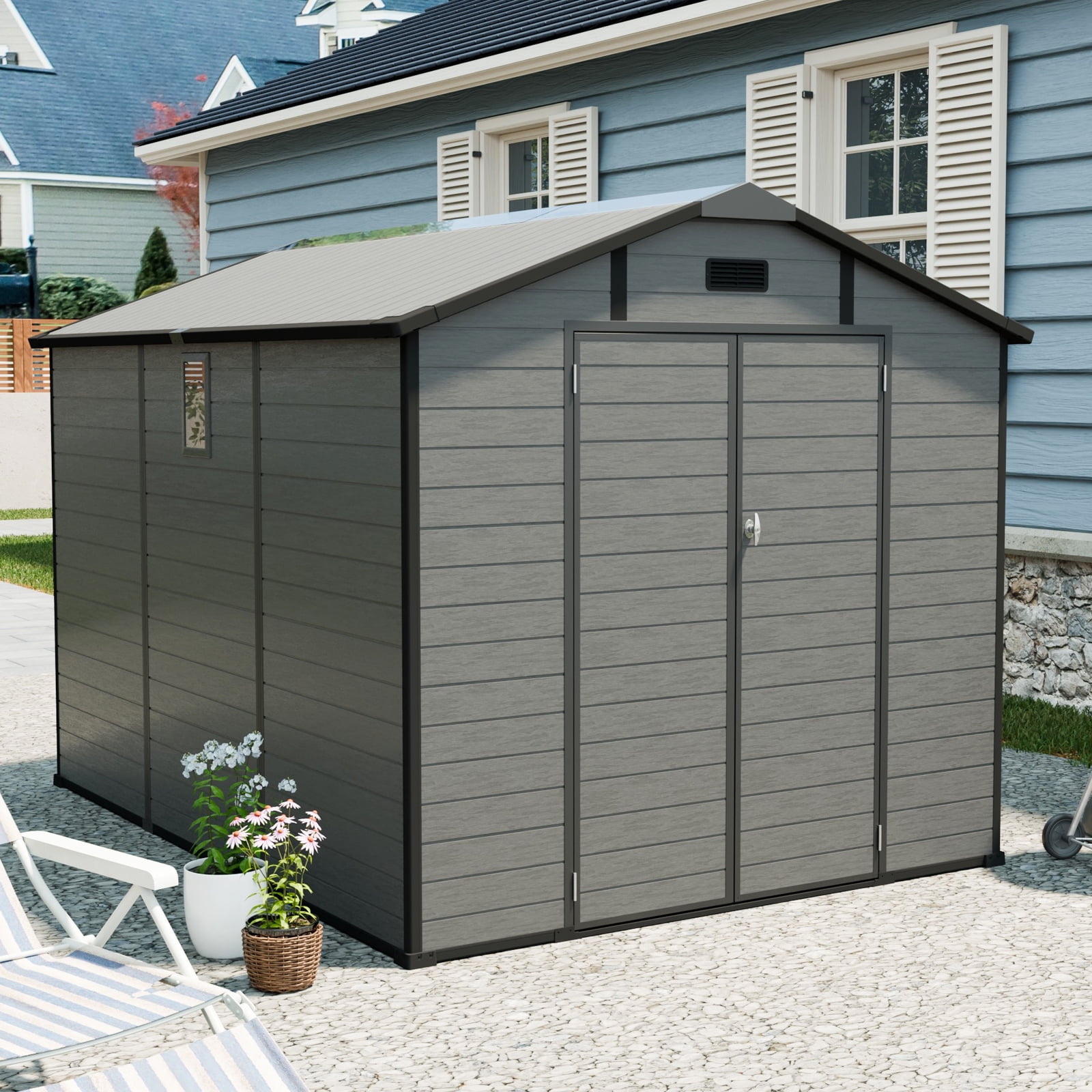 Mintazer 8x10ft Outdoor Storage Shed with 2 Lockable Doors & Windows, Weatherproof Plastic Garden Utility Shed with Vents & Skylight for Backyard Garden Patio