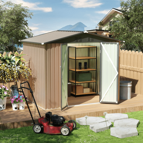 Mintazer 8x6 ft Pent Sloped Roof Outdoor Metal Storage Shed with Lockable Double Doors & Top Vent Slots, Weatherproof Garden Tool Storage House for Backyard Patio Lawn, Brown
