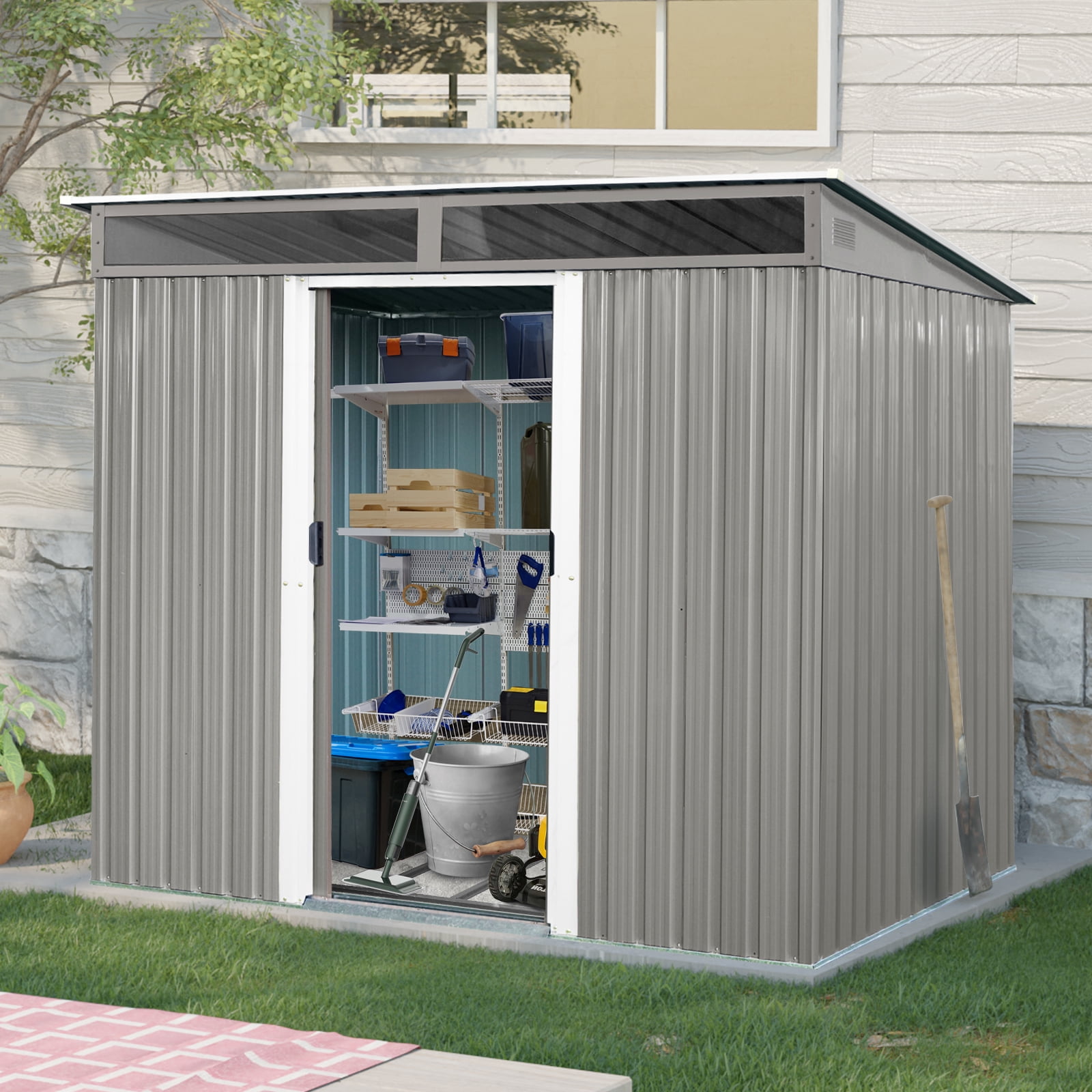 Mintazer 8x6FT Galvanized Steel Outdoor Storage Shed with Front Translucent Skylights, Weatherproof Metal Garden Tool Shed with Lockable Sliding Doors for Backyard Lawn Patio