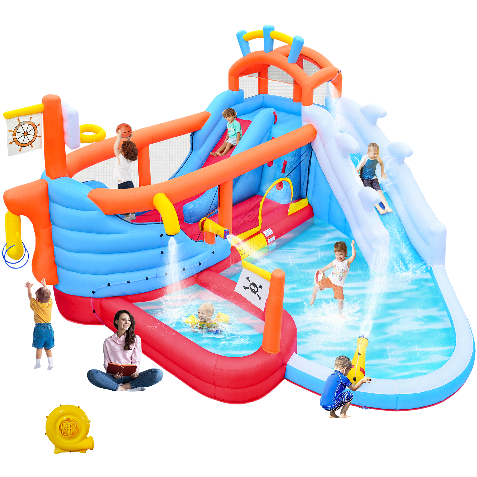 Mintazer 9-in-1 Inflatable Bounce House with Dual Slides, Climbing Wall, Basketball Hoop & Water Guns, Shallow & Bathing Pools for Bounce Castle, Indoor & Outdoor