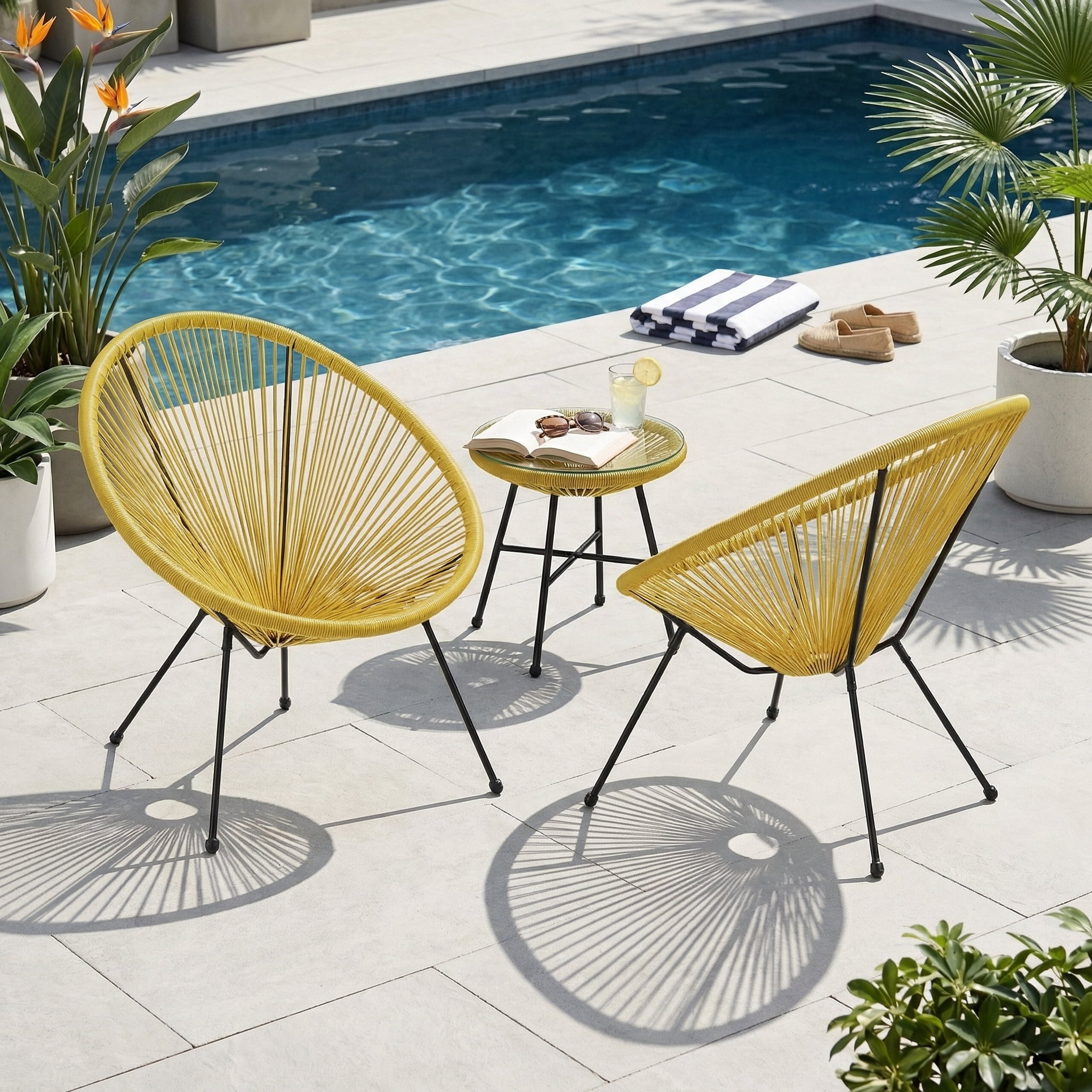 Mintazer Acapulco Chair Set of 2, Outdoor Seating Patio Chairs with Metal Frame, Modern Wicker Bistro Chairs for Balcony Garden Backyard Porch Deck, Yellow